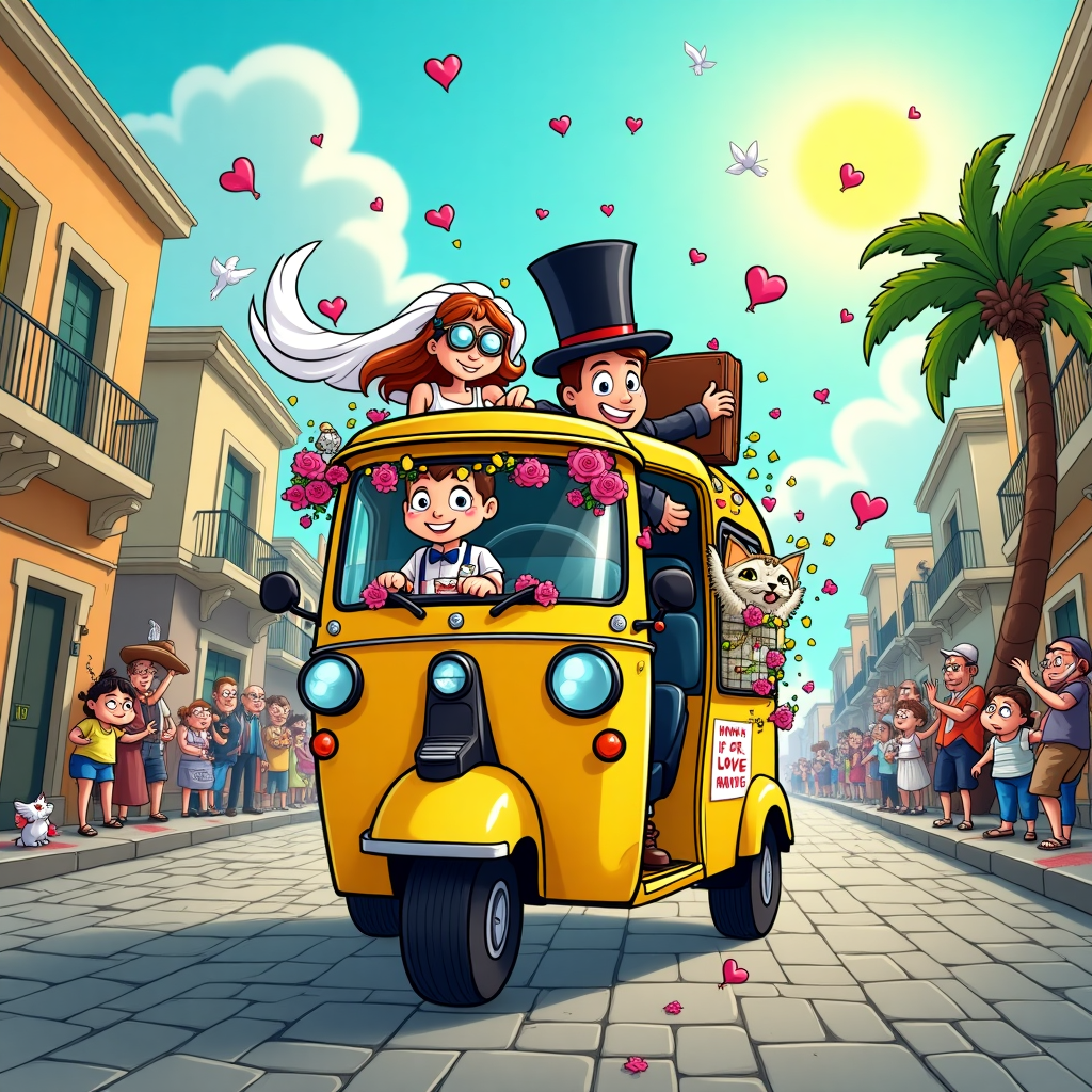 **At the top of the cartoon image:**  
Just Married, Richie & Colette — Tuk Tuk the Plunge!

**Image Prompt:**  
A hilarious cartoon-style scene of a newlywed couple, Richie & Colette, zooming down a cobblestone street in a brightly decorated tuk tuk. The tuk tuk is overflowing with "Just Married" decorations: tin cans trailing behind, flower garlands on the handlebars, and a “Honk if you love LOVE!” bumper sticker. Colette, the bride, is at the wheel, goggles on, white veil flying dramatically behind her in the wind. Richie, the groom, is holding on to his top hat and a suitcase marked "Honeymoon or Bust!" Their pet cat (in a bow tie) clings to the roof with wide cartoon eyes. Bystanders (animals, grandmas, tourists) jump out of the way, flinging confetti and rice into the air as the tuk tuk swerves joyfully down the road, narrowly missing a wedding cake being wheeled across. The sky is sunny with floating hearts, and a few flying doves are following in their chaotic wake.
Generated with these themes: Bride and groom on a tuk tuk.
Made with ❤️ by AI.