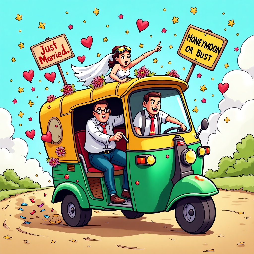At the top of the cartoon image, "Richie & Colette — Just Married and Tukin' Off Into Wedded Bliss!"

**Prompt:**  
A bright and whimsical cartoon scene featuring a jubilant bride and groom — Richie & Colette — riding away on a wildly decorated tuk tuk, festooned with “Just Married” signs, flowers, tin cans clattering behind, and heart-shaped balloons. The tuk tuk is zipping down a bumpy road, with confetti flying in all directions and their pet dog in goggles riding shotgun. The bride’s veil and the groom’s tie flap dramatically in the wind. The tuk tuk has exaggerated features: oversized wheels, colorful patterns, and a horn that looks like it just screamed "I DO!" Their expressions are hilariously excited — the groom gripping the wheel like he’s in a race, and the bride pointing dramatically toward a road sign that says “Honeymoon or Bust!” The whole vibe is zany, celebratory, and full of madcap joy.
Generated with these themes: Bride and groom on a tuk tuk.
Made with ❤️ by AI.