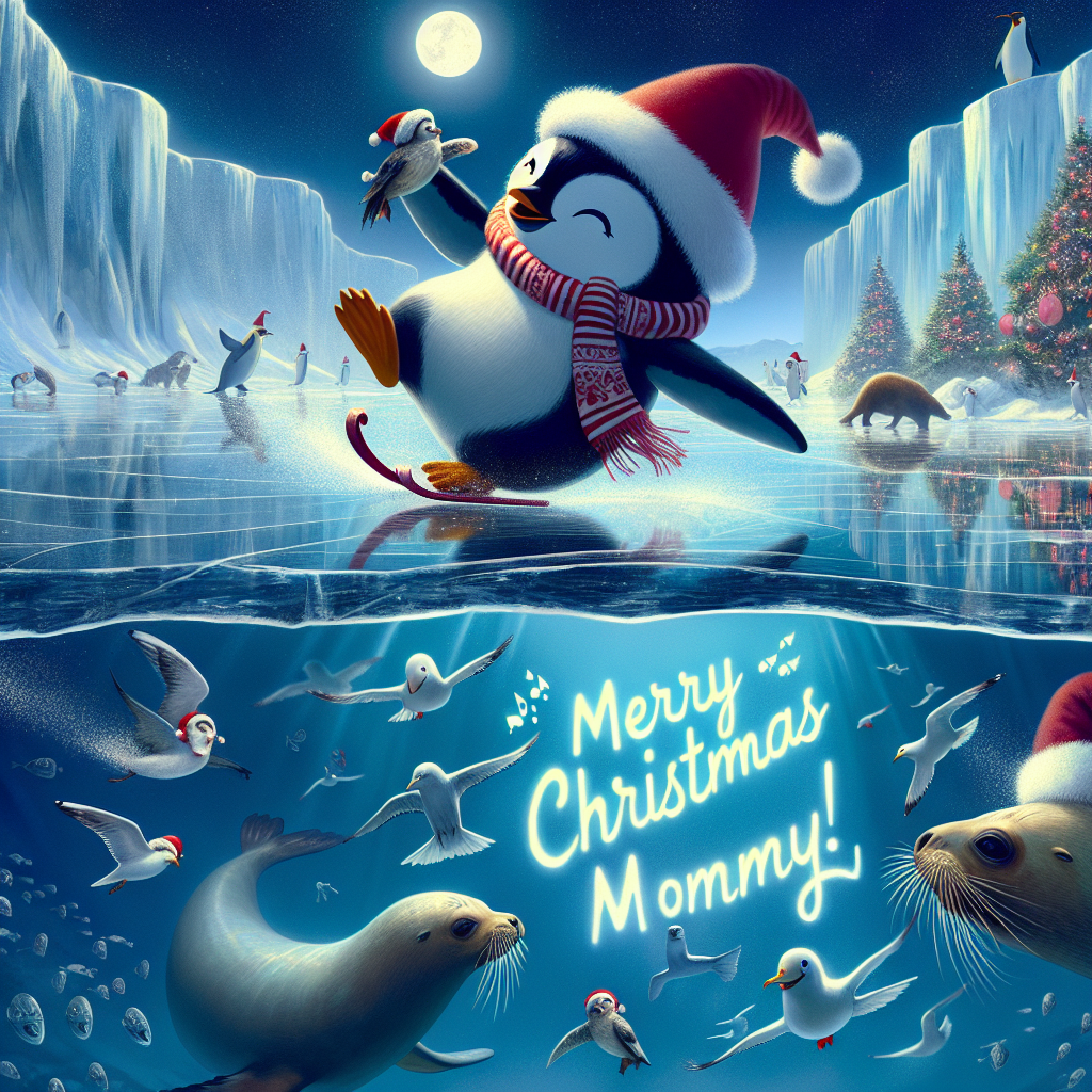 On a moonlit sea, a cartoon penguin in a Santa hat excitedly ice-skates across a frozen patch of ocean, leaving a trail that spells out 'Merry Christmas Mommy!'. Around him, cheerful sea lions wearing elf hats juggle fish, while a walrus with a red-and-white striped scarf conducts a choir of squawking seagulls. Beneath the ice, shadowy figures of fish can be seen swimming around a decorated Christmas tree, their movements casting a soft glow.
Generated with these themes: Sea.
Made with ❤️ by AI.