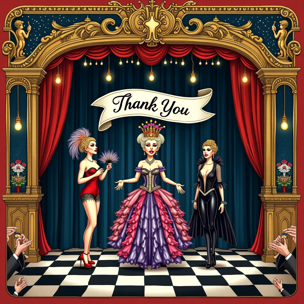 The front cover of this thank-you greeting card presents a lively stage scene, teeming with details that draw the eye in. The centerpiece is a grand, ornate stage, reminiscent of Victorian burlesque theaters. The proscenium arch is embellished with intricate carvings, with cherubs and swirls reminiscent of Aubrey Beardsley's style, rendered in black and white with touches of gold.

On stage, a drag queen stands triumphantly. Her gown is a riot of colors—deep purples, vivid pinks, and shimmering golds—adorned with feathers and sequins that catch the light. Her makeup is bold, with striking eyeliner and ruby-red lipstick. She wears an elaborate headdress that mimics a crown, made of peacock feathers and sparkling gems, emphasizing her queenly presence.

To her left, a woman in a classic burlesque outfit—a corset in deep red with black lace trim, fishnet stockings, and high heels—holds a feathered fan that mirrors her costume's colors. Her hair is styled in glamorous curls reminiscent of a 1940s starlet.

On the right, a regal figure dressed in a BDSM-inspired outfit—a black leather bodysuit with silver studs and chains—strikes a pose. Her long cape billows behind her, blending into the stage backdrop, which features velvet curtains in a rich, midnight blue.

The stage itself is a kaleidoscope of colors and patterns. The floor is checkered in black and white, like a chessboard, adding a playful contrast to the vivid costumes. The background features a row of vintage stage lights, their bulbs glowing a warm yellow.

Suspended above, a banner unfurls with "Thank You" written in elegant, swirling script reminiscent of Quentin Blake’s whimsical style, framed by twinkling stars, akin to Maxfield Parrish's dreamy night skies.

Surrounding the stage are ornate, gilded frames capturing smaller scenes of applause—hands clapping, bouquets of flowers being tossed, and small caricatures of adoring fans inspired by Maurice Sendak's playful figures.

This card is a vivid tapestry, each element carefully detailed to create a vibrant, theatrical thank-you scene.
Generated with these themes: Burlesque, Stage, Dragqueen, Queen, Woman, Bdsm, and .
Made with ❤️ by AI.