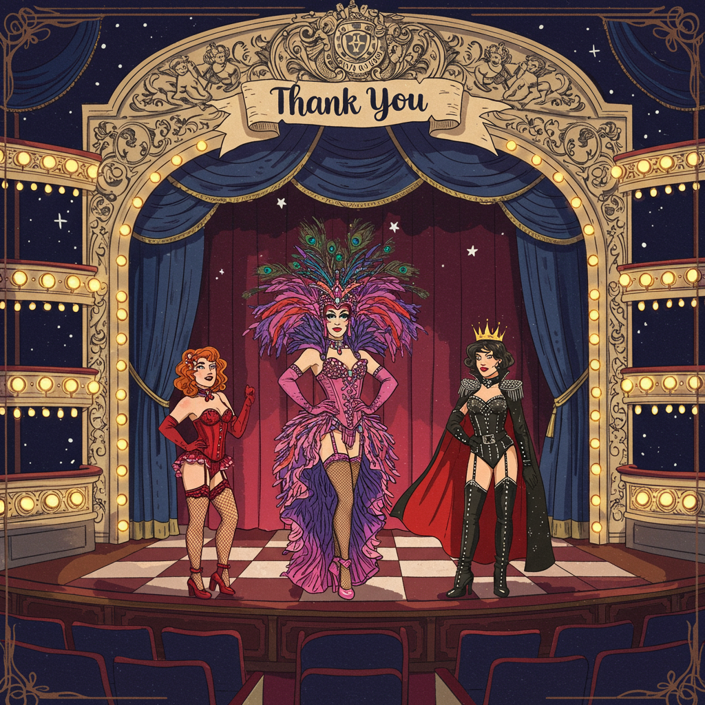 The front cover of this thank-you greeting card presents a lively stage scene, teeming with details that draw the eye in. The centerpiece is a grand, ornate stage, reminiscent of Victorian burlesque theaters. The proscenium arch is embellished with intricate carvings, with cherubs and swirls reminiscent of Aubrey Beardsley's style, rendered in black and white with touches of gold.

On stage, a drag queen stands triumphantly. Her gown is a riot of colors—deep purples, vivid pinks, and shimmering golds—adorned with feathers and sequins that catch the light. Her makeup is bold, with striking eyeliner and ruby-red lipstick. She wears an elaborate headdress that mimics a crown, made of peacock feathers and sparkling gems, emphasizing her queenly presence.

To her left, a woman in a classic burlesque outfit—a corset in deep red with black lace trim, fishnet stockings, and high heels—holds a feathered fan that mirrors her costume's colors. Her hair is styled in glamorous curls reminiscent of a 1940s starlet.

On the right, a regal figure dressed in a BDSM-inspired outfit—a black leather bodysuit with silver studs and chains—strikes a pose. Her long cape billows behind her, blending into the stage backdrop, which features velvet curtains in a rich, midnight blue.

The stage itself is a kaleidoscope of colors and patterns. The floor is checkered in black and white, like a chessboard, adding a playful contrast to the vivid costumes. The background features a row of vintage stage lights, their bulbs glowing a warm yellow.

Suspended above, a banner unfurls with "Thank You" written in elegant, swirling script reminiscent of Quentin Blake’s whimsical style, framed by twinkling stars, akin to Maxfield Parrish's dreamy night skies.

Surrounding the stage are ornate, gilded frames capturing smaller scenes of applause—hands clapping, bouquets of flowers being tossed, and small caricatures of adoring fans inspired by Maurice Sendak's playful figures.

This card is a vivid tapestry, each element carefully detailed to create a vibrant, theatrical thank-you scene.
Generated with these themes: Burlesque, Stage, Dragqueen, Queen, Woman, Bdsm, and .
Made with ❤️ by AI.