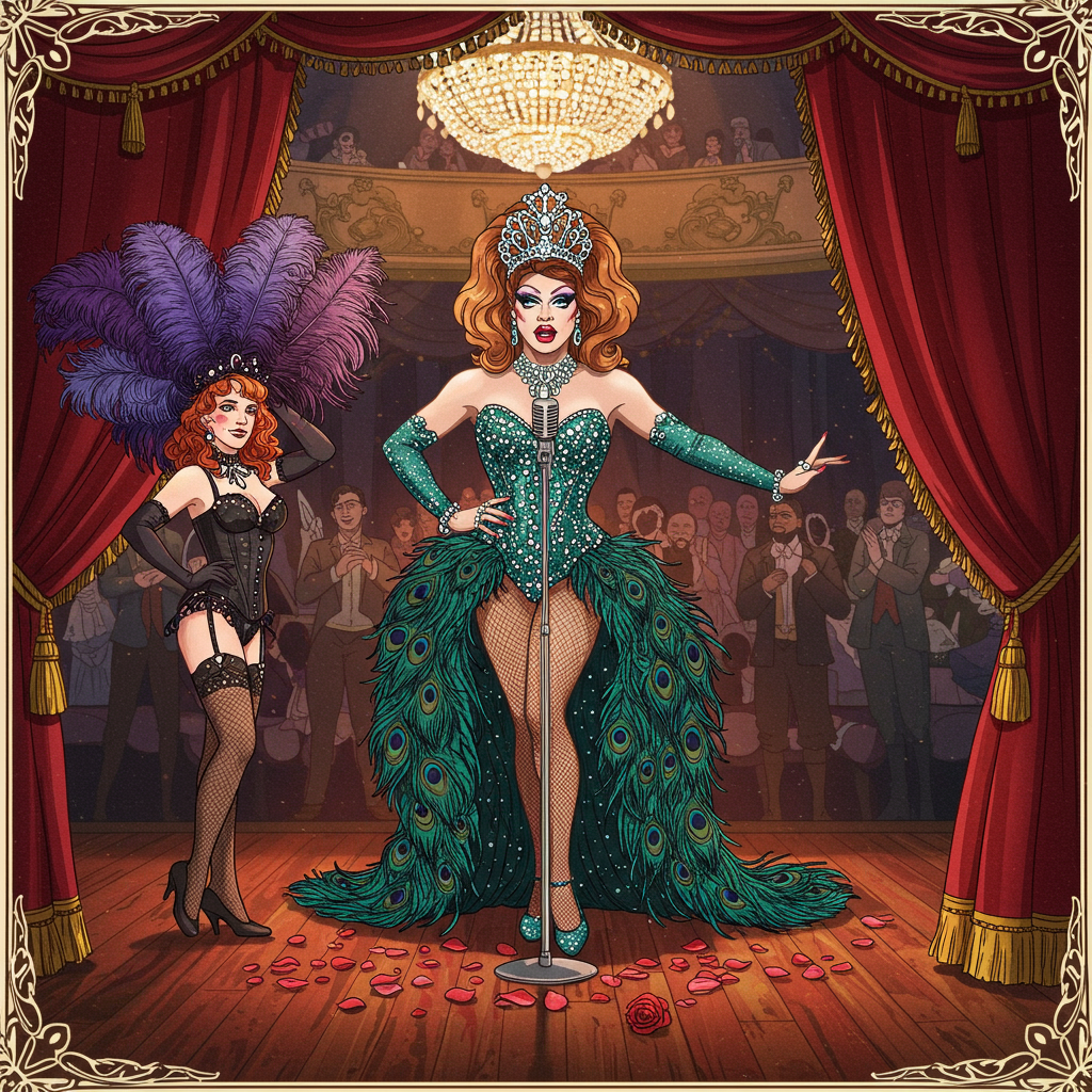 The card front cover features an intricately detailed scene set on an opulent theater stage, draped in lush, velvet curtains of deep crimson and shimmering gold tassels. At the center of the stage stands a Drag Queen, her posture regal and commanding. She wears an extravagant corset embellished with glittering sequins in shades of emerald green and sapphire blue. Her skirt, a cascade of voluminous peacock feathers, flows dramatically to the floor.

Perched atop her head is an elaborate tiara, encrusted with faux rubies and diamonds, glinting under the spotlight. Her makeup is flamboyant and exaggerated, with bold, sweeping lines of electric blue and vibrant magenta, reminiscent of Beardsley's intricate lines and Gorey's whimsical style. Her lips are painted a striking scarlet, matching her long, theatrical nails that grasp a jewel-encrusted microphone.

To her left stands a Burlesque performer, a vision in a corset of black leather and lace, adorned with delicate chains and small, glinting metal studs. Her stockings are sheer, with intricate patterns reminiscent of Beatrix Potter's attention to detail in fur and feathers. She holds a feathered fan, painted in a gradient of dark plum to royal purple, reminiscent of Maxfield Parrish's ethereal colors, partially obscuring her face.

In the background, silhouetted figures of an audience in period attire clap enthusiastically, their forms illustrated with the kind of delicate, expressive lines one might find in Rackham's work. Above them, a grand chandelier, reminiscent of Doré's opulent details, hangs from the ceiling, casting a warm, golden glow over the scene.

The stage floor is a polished, dark mahogany, reflecting the vibrant costumes and the ambient light, reminiscent of Norman Rockwell's attention to texture and everyday life elements. On the stage floor, scattered rose petals in shades of pink and red create a path leading to the performers, while a coiled whip, subtly placed, adds a hint of BDSM flavor to the scene, its leather shine echoing the meticulous style of N.C. Wyeth.

Around the border of the card, a subtle pattern of interwoven vines and leaves in shades of sage and olive, influenced by Quentin Blake’s organic strokes, frames the illustration, providing a final, graceful touch.
Generated with these themes: Burlesque, Stage, Dragqueen, Queen, Woman, Bdsm, and .
Made with ❤️ by AI.