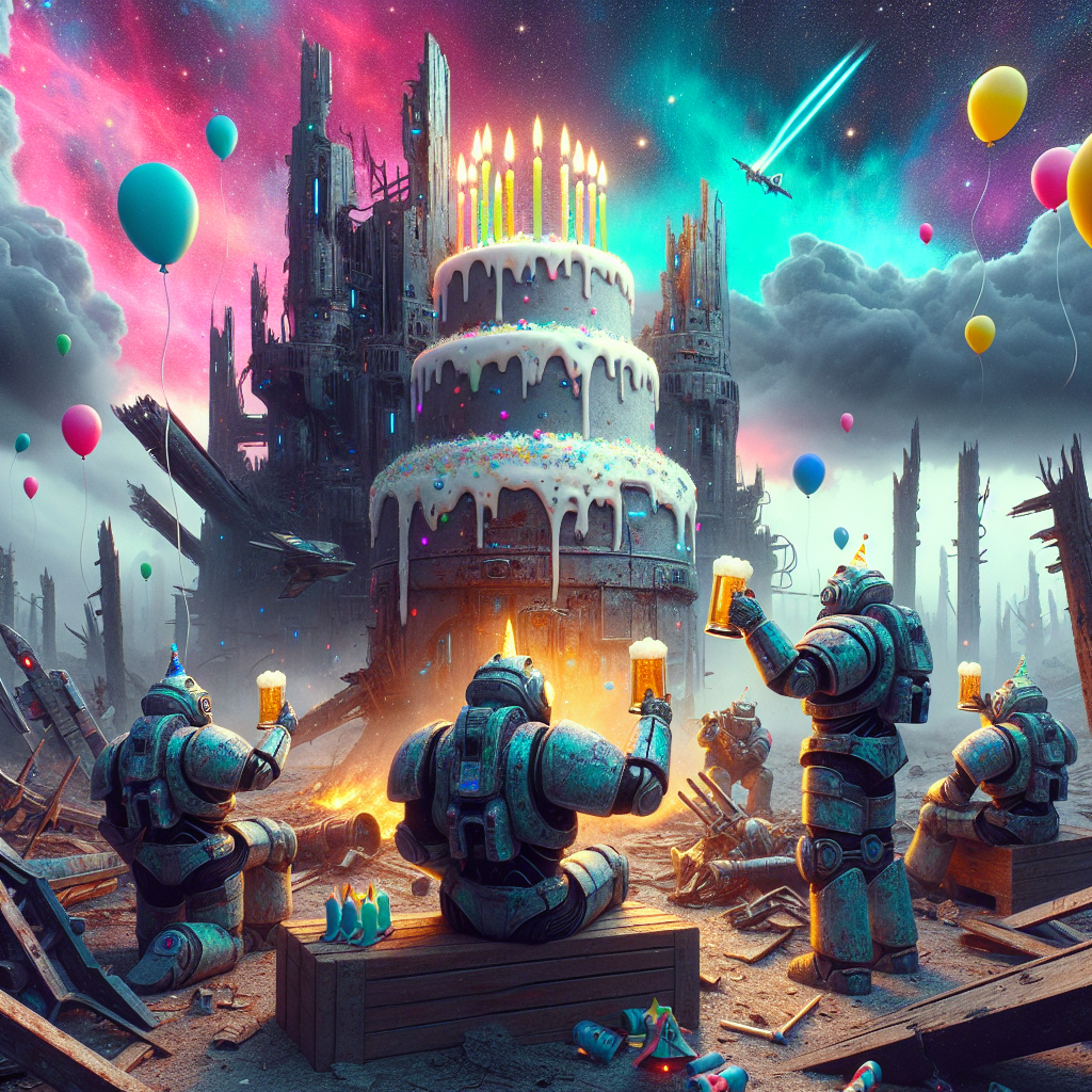 A dystopian battlefield serves as the surreal setting for this futuristic themed birthday party illustration. Towering among the decimated structures, a fortress-shaped cake stands defiantly against the stormy skies, decorated with glowing candles resembling the thrusters of remote starships. Mysterious armored warriors wearing festive interpretations of their combat suits are captured mid-celebration, toasting with frosted steins brimming with a strange, sparkling beverage. Balloons, contrasting in their vibrant hues, hover above the wreckage, slightly swaying against the backdrop of a nebula-streaked cosmic horizon.
Generated with these themes: War hammer 40k, and Birthday party.
Made with ❤️ by AI.
