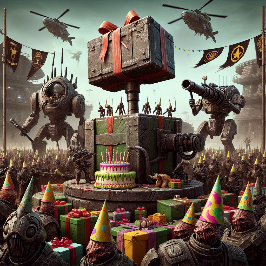 Illustrate a unique juxtaposition of the grimly futuristic scene and the merriment of a birthday celebration, inspired by the theme of a sci-fi universe. A massive, ornate hammer, adorably wrapped with a ribbon, stands as the centerpiece atop a heap of presents with a military camouflage wrap. Hatted alien creatures, comically dressed for the occasion, congregate around an imposing, scarred mechanized warrior, humorously adapted into a table serving an assortment of fantastical sweets and a large, artillery-shaped piñata, ready for the ritual whack. Overhead, banners swaying with emblematic symbols enhance the peculiar celebratory atmosphere of the battlefield.
Generated with these themes: War hammer 40k, and Birthday party.
Made with ❤️ by AI.