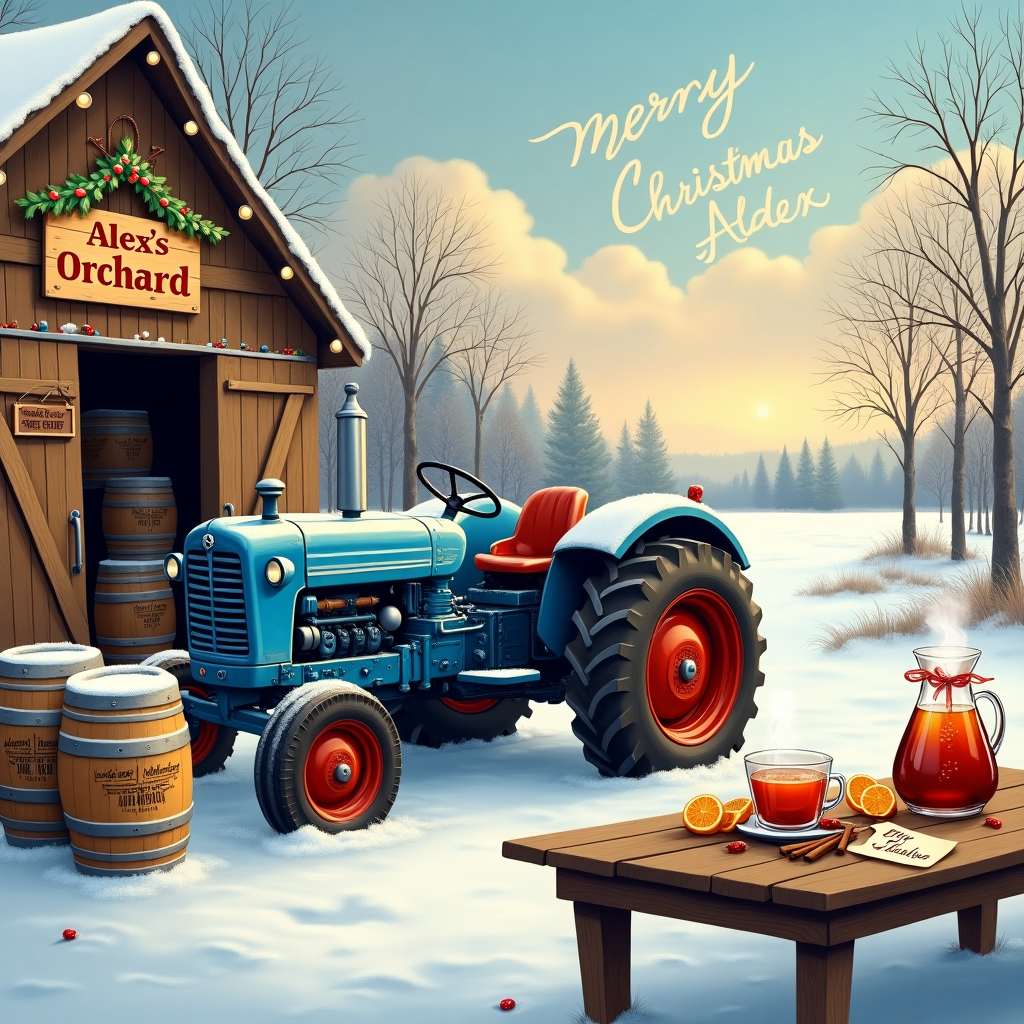 The scene unfolds on a crisp winter morning in a quaint countryside setting, where the charm of Christmas has quietly draped itself over every element. The centerpiece of the scene is a robust, vintage blue tractor, its weathered paint glistening with a dusting of fresh snow, parked next to a rustic wooden barn adorned with twinkling fairy lights and a sprig of mistletoe hanging from its open door. The barn is where small barrels of cider are being stacked, each barrel branded with a festive motif of holly and berries. Nearby, a handmade wooden sign leans against the barn wall, its painted letters cheerfully announcing "Alex's Orchard" in a vibrant red, integrating the recipient's name into the fabric of the narrative.

In the foreground, a sturdy wooden table is set with a traditional holiday spread, including a steaming pitcher of mulled cider surrounded by cinnamon sticks and sliced oranges. On the table, a small, handwritten tag tied with a red ribbon reads "For Alex," ensuring the recipient feels a personal connection to the scene. In the background, a frosty field stretches towards the horizon, where leafless trees stand silhouetted against a pastel winter sky. Above, soft clouds form wispy letters spelling out "Merry Christmas, Alex," as if the season itself is sending a warm message from the heavens. This detailed tableau captures a snapshot of a serene yet story-rich Christmas morning, weaving together elements of tradition, personal touches, and the unique theme of blue tractor cider.
Generated with these themes: Blue tractor cider.
Made with ❤️ by AI.