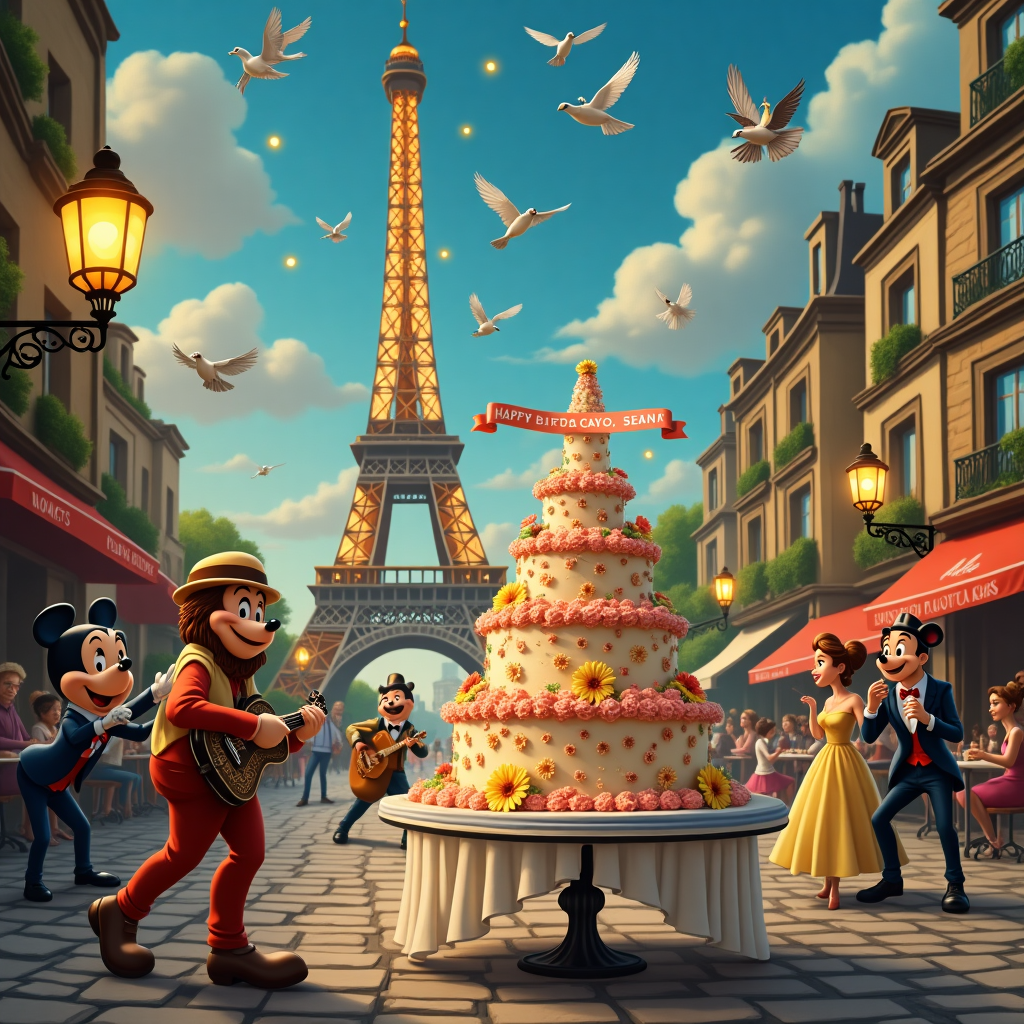 In the whimsical streets of Paris, an animated birthday celebration unfolds, blending fantasy and music into a delightfully quirky tableau. The scene is set beneath the majestic Eiffel Tower, its iconic structure adorned with vibrant, twinkling fairy lights shaped like musical notes and iconic Disney motifs. Below, cobblestone streets are transformed into a lively parade featuring beloved Disney characters like Mickey Mouse dressed as a Parisian mime and Belle waltzing with the Beast, their movements in perfect harmony with the notes drifting from a nearby accordion player. The musician, styled in a fashion reminiscent of classic French musicians, wears a striped shirt and beret, adding to the Parisian flair. 

A grand birthday cake, placed atop a small round café table, steals the show with its intricate decorations—a fondant sculpture of the Eiffel Tower, miniature Disney castles, and musical instruments such as violins and cellos crafted from marzipan. The cake features a banner cascading down its layers, elegantly scripted with the words "Happy Birthday, Daughter Jenna," its letters adorned with tiny flowers and whimsical flourishes. Overhead, fluffy clouds have been playfully transformed into the shapes of various Disney characters, while a few are carved into the outline of the Paris Opera House, subtly hinting at the classic music theme.

Charming details fill the scene: pigeons don miniature tuxedos, joining the merriment as if performing a waltz of their own. Street lamps cast a golden glow, reminiscent of Maxfield Parrish's luminescent palettes, while the swirling clouds echo Edward Gorey's detailed line work. The scene, brimming with life and fantasy, is a homage to the celebrated styles of Norman Rockwell's vibrant storytelling and Quentin Blake's lively character illustrations, creating a truly enchanting birthday greeting for Daughter Jenna.
Generated with these themes: Paris, Disney, and Classic music.
Made with ❤️ by AI.