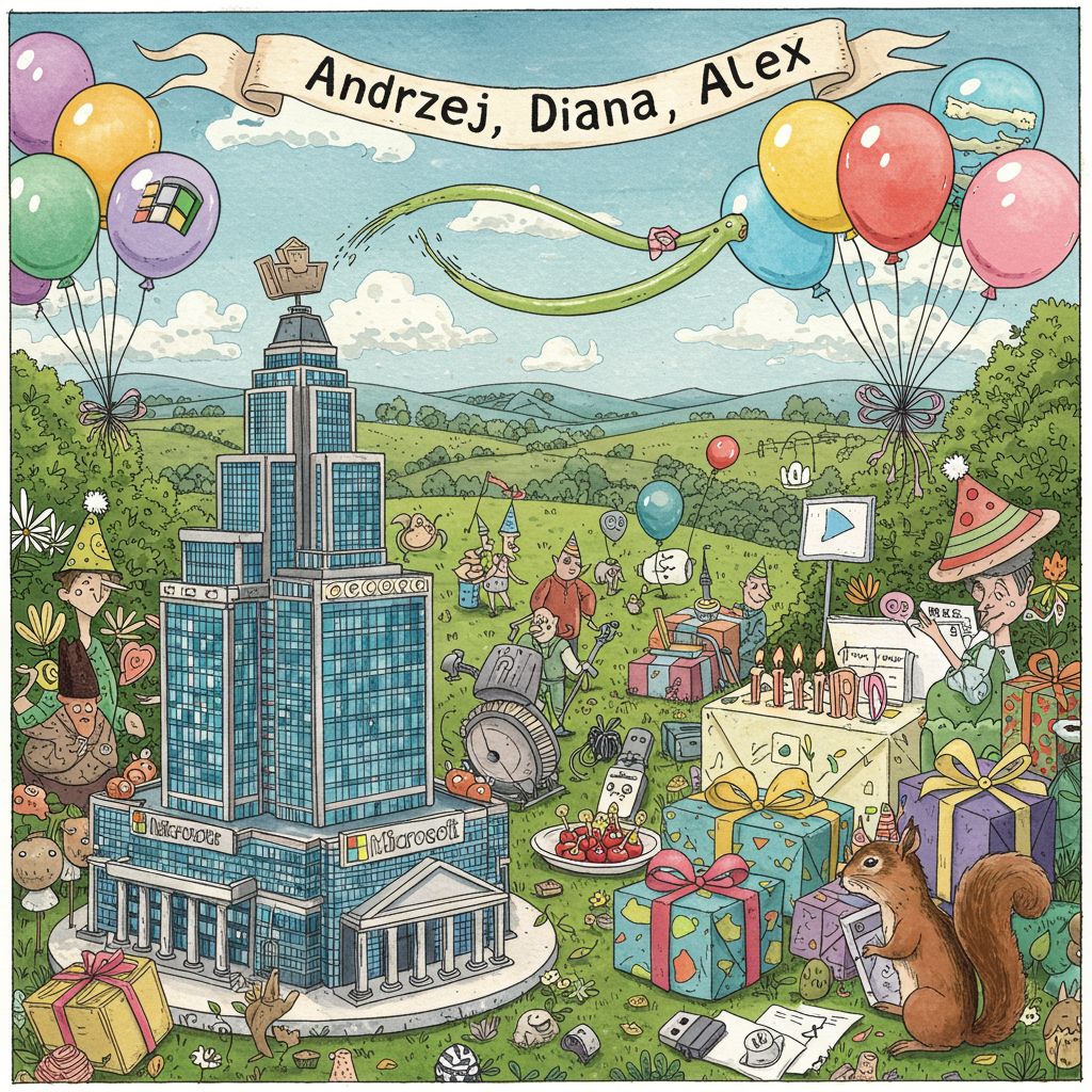 Imagine a fantastical birthday party scene, brought to life with the vivid, intricate line work akin to that of Edward Gorey and the playful whimsy of Quentin Blake. In the foreground, a large, fantastical cake resembling a miniature replica of a Microsoft headquarters building stands tall. The cake is decorated in shades of blue, silver, and green, with edible details of tiny windows and even smaller flags. Perched on top is a small model of the iconic Microsoft paperclip assistant, Clippy, crafted from sugar with his ever-curious eyes peering out.

A vibrant, dynamic banner swoops across the sky, reading "Andrzej, Diana, Alex" in playful, bold letters that resemble the font of classic Microsoft Word Art, with its characteristic gradient of colors and shadows.

In the background, an idyllic scene of a rolling landscape reminiscent of Maxfield Parrish's rich color palette unfolds, with lush greens and serene blues. A group of whimsical party-goers—styled with the delicate and detailed line work similar to that of Arthur Rackham—are scattered about. They are animatedly interacting with oversized, surreal balloons shaped like various Microsoft Office icons—Word, Excel, and PowerPoint—floating above them in pastel hues.

Near the cake, a table is set with a variety of peculiar gifts wrapped in vivid colors, with wrapping paper featuring abstract geometric patterns reminiscent of classic Windows screensavers. A small, mischievous squirrel, drawn with the fine detail of Beatrix Potter's style, peeks curiously out from behind one of the gifts, clutching a tiny, realistic USB drive.

All elements together create a rich tapestry of a birthday celebration, teeming with whimsical details and a playful nod to Microsoft, rendered with an intricate hand-drawn style that invites the viewer to explore every corner of the scene.
Generated with these themes: Microsoft.
Made with ❤️ by AI.