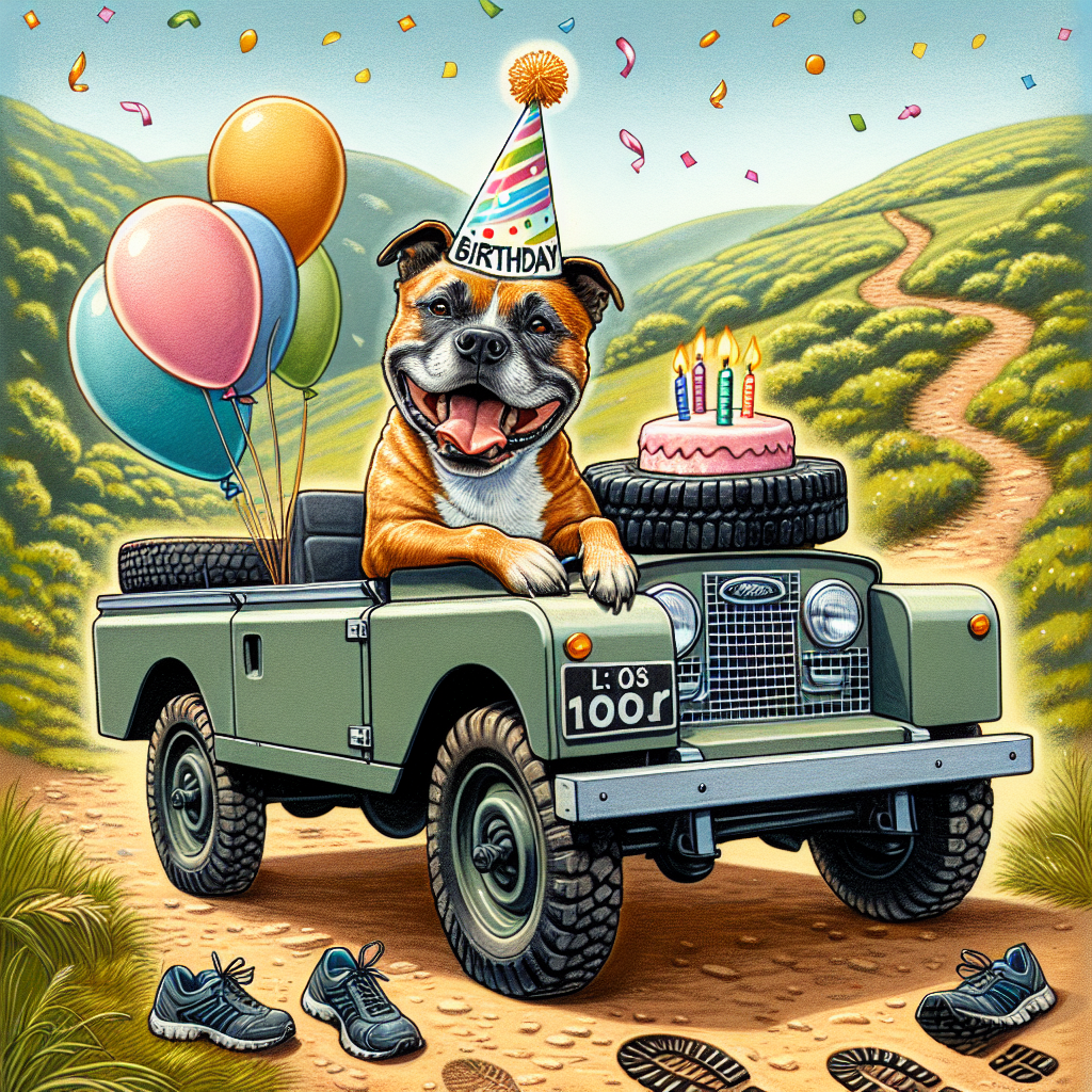 A charming birthday-themed illustration showcasing a joyous Staffordshire bull terrier wearing a birthday hat, sitting contentedly in the driver's seat of a vintage Land Rover. The automobile is positioned on a picturesque trail, with running shoe impressions visible along its edge, indicating the presence of a running path in the vicinity. Balloons and confetti gently occupy the backdrop, contributing to the vibrant party atmosphere.
Generated with these themes: Staffordshire bull terriers, Landrovers, and Running.
Made with ❤️ by AI.