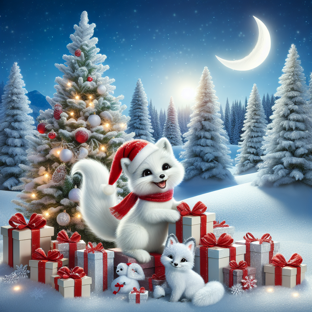 An endearing snowy landscape serving as the backdrop for a festive illustration. Milu', depicted as an adorable white Arctic fox wearing a Santa hat, playfully pounces on a pile of gift-wrapped presents. Fluffy snow clings to fir trees with twinkling lights, and in the sky above, the crescent moon smiles down on the quiet Christmas Eve scene.
Generated with these themes: Milu’.
Made with ❤️ by AI.