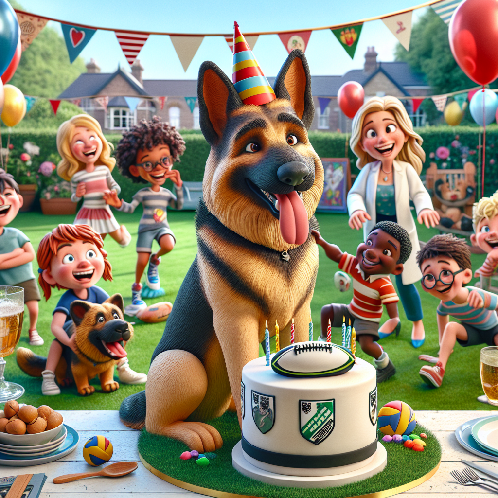 Depict a lively, cartoon-themed garden party. The setting is adorned with festive balloons and a birthday banner draped overhead. Amid the joyous disorder stands a smiling German Shepherd, wearing a party hat and holding a rugby ball softly in its mouth. Around it, a mix of cartoon children contribute to the mirth. A Caucasian girl is clothed as a teacher, complete with glasses and a pointer, while a Black boy imitates a physiotherapist, sporting a make-believe white coat and stethoscope. They laugh, play, and appear to be having fun. Near to them, a rugby-inspired cake is placed on a table, adorned with fondant sketches representing the merry crowd.
Generated with these themes: Rugby, German shepherd, Teacher, and Physiotherapist.
Made with ❤️ by AI.