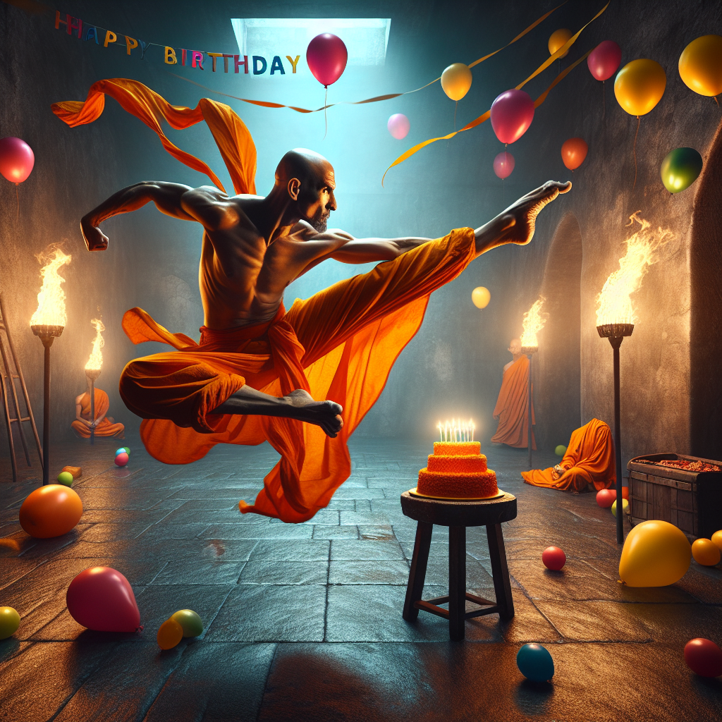 In a captivating surrealist rendering of a birthday scene, an athletic and bald, middle-aged, South Asian man in a vibrant orange, flowing monk attire executes a dynamic martial arts flying kick. The image encapsulates his movement in stasis, using illustrative motion lines to emphasize the swift trajectory. This extraordinary figure is set against a deeply shaded, eerie dungeon environment, its usual gloom breached by radiant colourful balloons and streamers scattered about, careful to maintain a whimsical, festive air. The location is bizarrely lit by incandescent torches burning, their flames casting long peculiar shadows that play with the brilliance of his attire. Surrounding our main character are various silhouettes of monks, each immersed in a different martial arts stance thus adding a layer of fantasy to the scene.
Generated with these themes: Short male human, Bald, Orange monk robes, Martial arts flying kick, Dungeon, and Monk.
Made with ❤️ by AI.