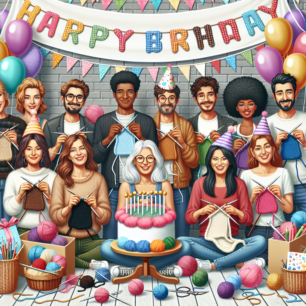 Generate an image of an endearing birthday scene, with a centerpiece focused on a cozy and inviting knitting nook. Balloons and streamers decorate the area, adding festive flair. A diverse group of friends, of varying genders and descents such as Caucasian, Hispanic, Middle-Eastern, and Black, is gathered enthusiastically. Each one is holding knitting needles and is actively engaged in crafting a patchwork birthday banner. To one side, a lively teacher, a South Asian woman, is providing guidance. She is surrounded by assorted, beautifully crafted party hats and a table brimming with handmade, personal birthday cards.
Generated with these themes: Knitting , Teaching, and Crafts.
Made with ❤️ by AI.