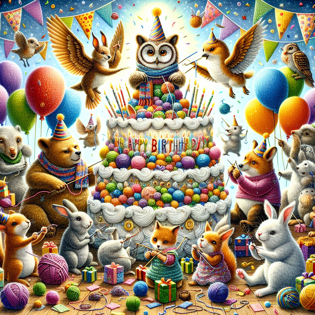 An enchanting birthday illustration centering around a festive and gargantuan birthday cake rich in hues. The scene is bursting with a lively assembly of animals involved in a medley of creative pursuits. In one section, an industrious bear, adorned with a party hat, weaves a jubilant scarf crafted from silky icing, entranced in his knitting task. In another segment, an owl, distinguished by its spectacles and exuding wisdom, conducts a mini workshop on crochet for enthusiastic bunnies huddled in a tight circle. Meanwhile, a spirited battalion of squirrels is occupied in the creation of a colorful collage formed from fragmented gift wrap and twinkling glitter. Their work of art is a compilation of heartwarming birthday wishes.
Generated with these themes: Knitting , Teaching, and Crafts.
Made with ❤️ by AI.