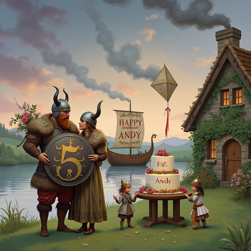 In a whimsical illustration that fuses the themes of a 5th wedding anniversary, Vikings, and Yorkshire, the scene takes place on a grassy moor under a twilight sky painted in hues of purples and pinks, reminiscent of a Maxfield Parrish sky. In the foreground, a stout Viking couple, dressed in traditional garb with horned helmets and fur-lined capes, are arm-in-arm, gazing lovingly at each other. The Viking husband holds a magnificent, oversized shield emblazoned with a large "5" in gold, symbolizing their anniversary, while his other hand clutches a bouquet of wild Yorkshire roses.

To the right, a picturesque Yorkshire stone cottage with ivy creeping up its walls adds a rustic touch. Smoke billows gently from its chimney, spelling out "Happy 5th Anniversary Andy" in soft, curly tendrils that ascend into the sky, inspired by Beatrix Potter's enchanting style. 

Behind the Viking couple, their faithful Viking longship is anchored on a placid lake, with its dragon-headed prow peeking above the water, giving a nod to the illustrations of Arthur Rackham. The sails of the longship are adorned with intricate patterns of white roses and thistles, blending Viking and Yorkshire elements. 

In the midground, a round, oak table is set up with a hearty feast, echoing Norman Rockwell's warm and detailed scenes. A towering cake, decorated with fondant Viking helmets and mini White Rose of Yorkshire emblems, sits at the center of the table. On the cake's top tier, the name "Andy" is inscribed in bold, runic-style letters with a miniature Viking figurine holding a Yorkshire flag next to it.

Lastly, Quentin Blake-inspired children in Viking attire play around the moor, one of them flying a kite shaped like a Viking ship that trails a banner behind it, reading "To Andy & His Love." The scene is full of charming details, blending historical elements with whimsical artistry, ensuring it tells a memorable and unique story.
Generated with these themes: 5th wedding anniversary, Viking, and Yorkshire.
Made with ❤️ by AI.