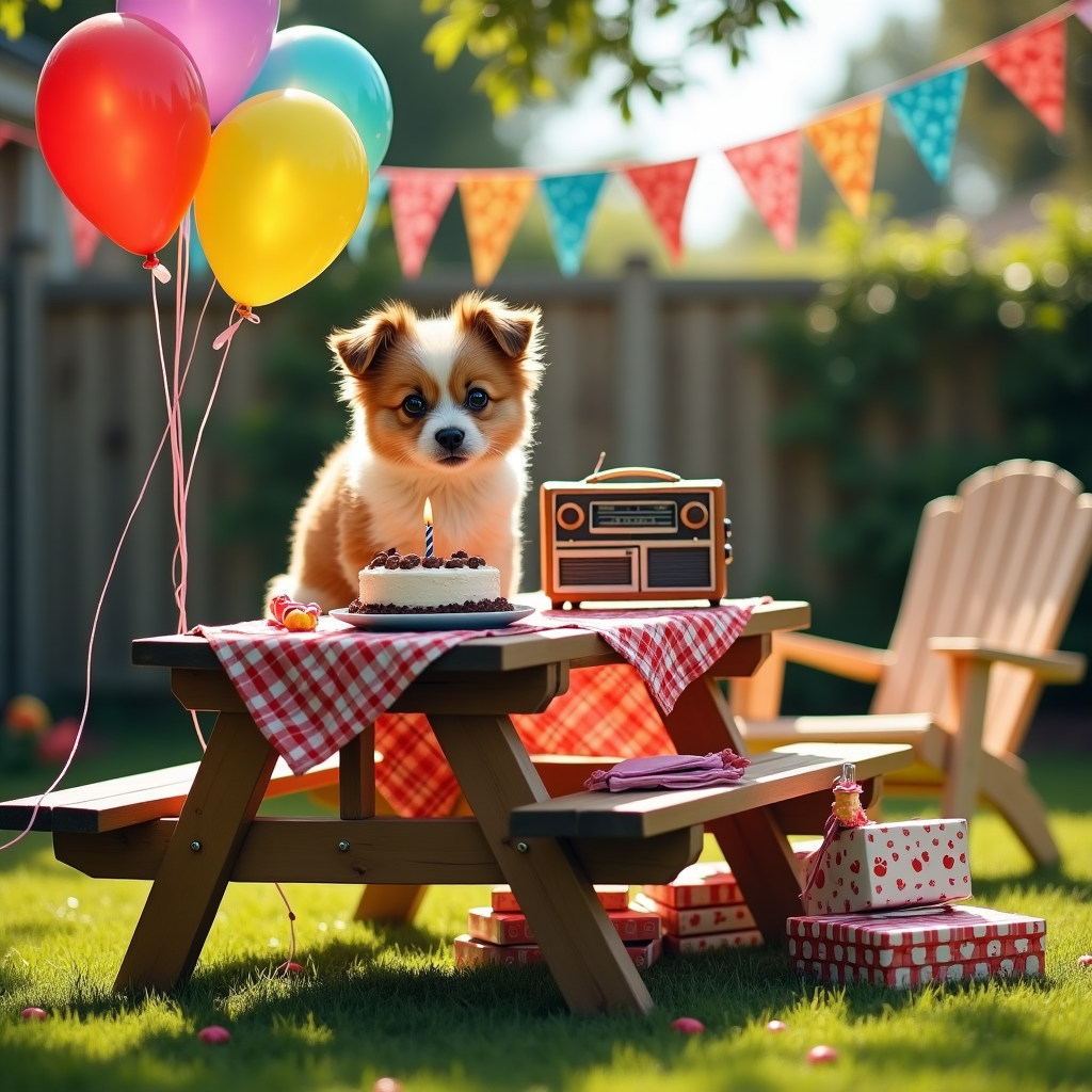 On the front cover of the birthday greeting card, a vivid scene unfolds in a charming, nostalgic backyard reminiscent of a 1980s suburban neighborhood. Central to this scene is an adorable dog that uncannily resembles Gizmo from the film "Gremlins." This fluffy, pint-sized canine sports large, expressive eyes and perky ears, its fur a patchwork of soft browns and creamy whites. The dog is playfully perched atop a wooden picnic table, surrounded by an array of colorful party decorations. Balloons of every hue float gently in the breeze, tied to the picnic table's benches, their shiny surfaces reflecting dappled sunlight filtering through the leafy canopy overhead.

In front of the dog sits a small, vintage radio, its dials set to an unseen station, the tiny speaker frozen in mid-broadcast of a birthday tune. Nearby, a classic, red-checkered tablecloth covers the table, on which a whimsical cake stands as the centerpiece. The cake, whimsically decorated with bone-shaped candies, has a single lit candle, its flame flickering in harmony with the playful ambiance. Around the base of the cake are scattered toys, including a miniature Frisbee and a chew toy shaped like a slipper, all hinting at the dog's playful nature.

In the background, a garden fence is adorned with a string of colorful pennant flags swaying in the wind. To the right, a lawn chair is half-hidden beneath a pile of gift-wrapped presents in cheerful wrapping papers adorned with paw prints and bone patterns. Each element in the scene meticulously contributes to the celebration, crafting a story that feels like a cross between a beloved family memory and a fantastical birthday party where a Gizmo-like dog is the star of the day.
Generated with these themes: a dog that looks like gizmo from the film gremlins.
Made with ❤️ by AI.