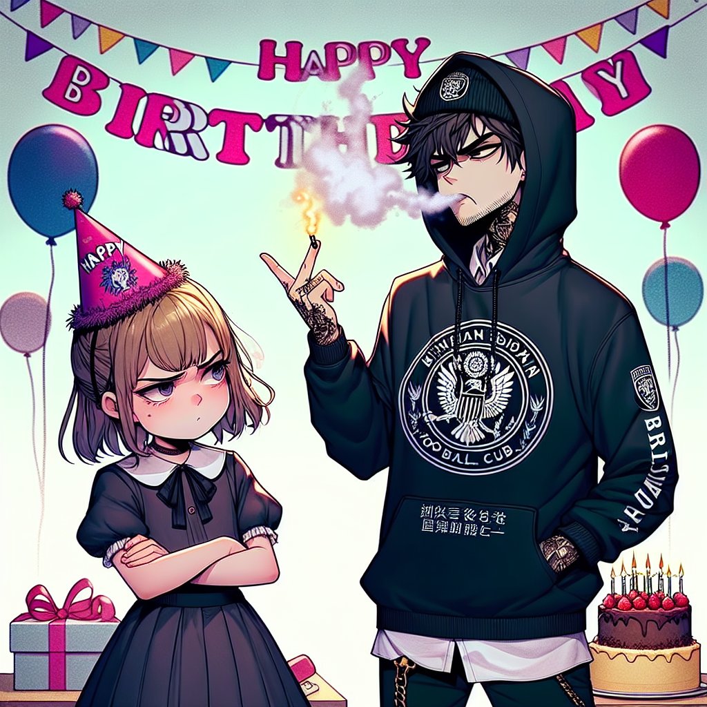 Generate a birthday-themed scene featuring two characters. One is seen wearing black clothing with the emblem of a football club on it, standing with a pose full of rebellion and carefreeness, holding a smoking object of undetermined nature, creating an aura of cool indifference. The other character, a young girl who appears to be the sibling of the first character, responds with an eye roll to the harmless pranks being played on her. The background is decorated with festive balloons and a delicious cake, which brings a pleasant and cheerful contrast to the edgy demeanor of the characters.
Generated with these themes: Black clothes, Arsenal Football Club, Smoking , and Annoying his sister.
Made with ❤️ by AI.