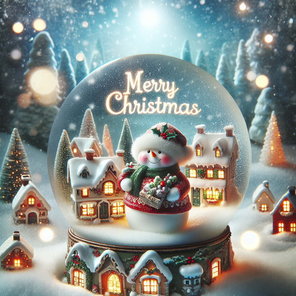 A cozy, snow-globed village with warmly lit cottages, a frosty sky filled with soft snowflakes. In the foreground, a chubby snowman smiles, a sprig of holly adorning his hat. The festive air carries the sparkling words 'Merry Christmas' above the scene.
Generated with these themes: holly.
Made with ❤️ by AI.