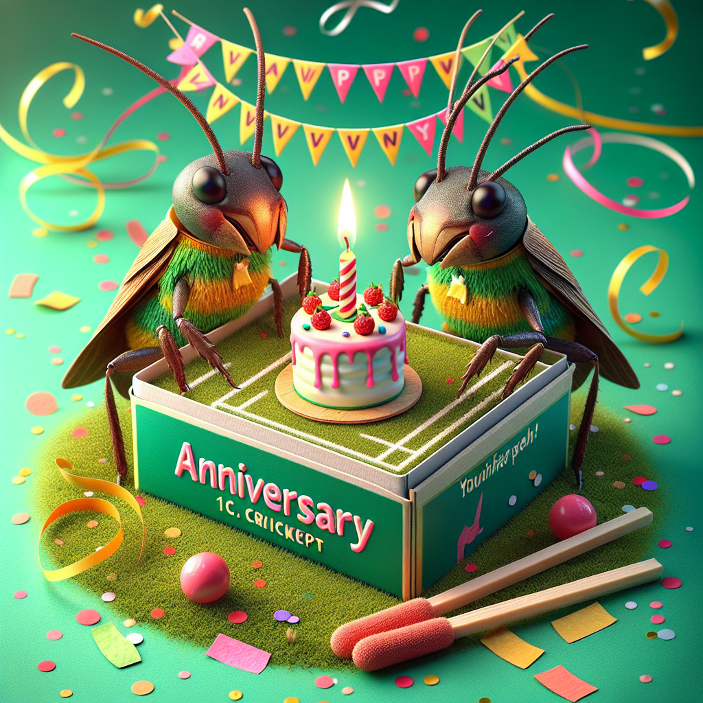 In this whimsical anniversary illustration, two crickets are seen dressed in colorful festive attire. They are celebrating their anniversary with a tiny cake placed on top of a matchbox styled to look like a 'cricket pitch.' The scene is sprinkled with confetti and streamers, adding a celebratory ambiance. The crickets' antennas are touching affectionately, emphasizing the love and bond they share. This heartwarming picture cleverly intertwines the concept of an anniversary and the sport of cricket, resulting in a playful, joyful, and utterly adoring scene. The entire composition radiates a sense of merriment and love.
Generated with these themes: Cricket.
Made with ❤️ by AI.