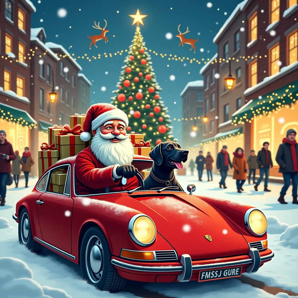 In this quirky Christmas card scene, set in a bustling, snowy town square, a vibrant red Porsche 911 sits gleaming amidst a blanket of freshly fallen snowflakes, casting reflections of twinkling Christmas lights from surrounding shop windows. Behind the wheel, a jolly Santa Claus, with his iconic rosy cheeks and bushy white beard, sports his classic red suit and hat but has swapped his boots for stylish driving gloves. His eyes twinkle with mischief as he checks the rearview mirror, where a pile of colorful presents, wrapped in shimmering paper with big bows, fills the back seat to the brim, spilling over with festive abundance. Peeking from the passenger side window, a playful Black Labrador sticks its head out, tongue lolling and ears flapping in the crisp winter air, capturing the excitement of a speedy ride. Snowflakes catch on its shiny black coat, making it look like a star-speckled night. The street is alive with bustling holiday shoppers, clad in wooly scarves and coats, their arms loaded with gifts, while above them, strings of fairy lights crisscross from building to building. A towering Christmas tree, adorned with oversized baubles and a star that glitters like a beacon, towers in the background, casting a festive glow over the scene. In the sky, a few mischievous reindeer hover, looking down with amused expressions, as if pondering whether to offer their traditional sleigh ride services to the modern, sporty twist Santa has taken this year.
Generated with these themes: Santa, Red Porsche 911, Black lab dog, and Presents.
Made with ❤️ by AI.
