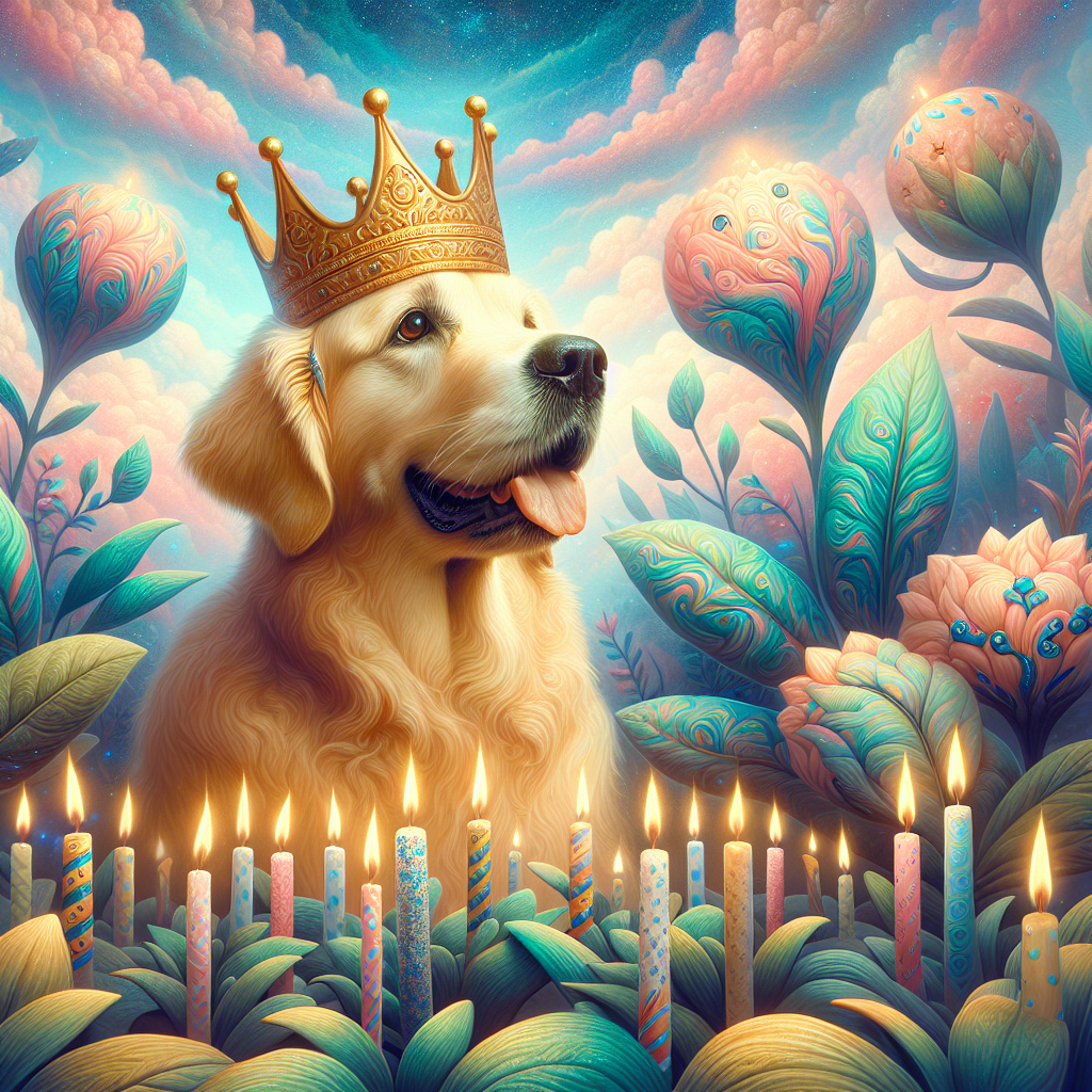 Create a dreamlike birthday illustration featuring a golden retriever at the center. The dog is adorned with a golden crown, signifying its human niece's 16th birthday. It's surrounded by an environment that's both real and fantastical: oversized plants with leaves that shimmer and glow. These plants uniquely bear patterned birthday candles among their foliage. The sky overhead is a mesmerizing swirl of pastel hues, adding to the surreal atmosphere. Convey the affectionate bond between the golden retriever and its human niece while celebrating her birthday.
Generated with these themes: 16 years old birthday, Golden retriever , Plants, and Niece.
Made with ❤️ by AI.