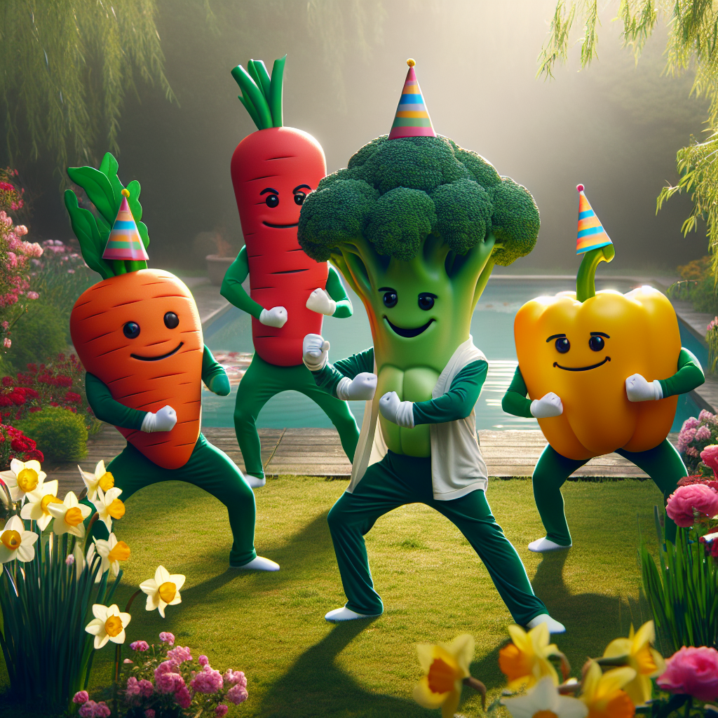 Create an enchanting image of a convivial birthday party in a tranquil garden setting, starring anthropomorphic vegetable characters. The vegetables, which include a carrot, a tomato, a broccoli, and a bell pepper, are cheerfully practicing tai chi, each holding a unique and comical pose. They're all dressed in colorful party hats, exemplifying a merry fusion of wellness and festivity. The garden is lush and vibrant, filled with daffodils and roses in full bloom, their bright colors enhancing the joyful atmosphere.
Generated with these themes: Tai chi, Vegetables, Daffodils, and Roses.
Made with ❤️ by AI.