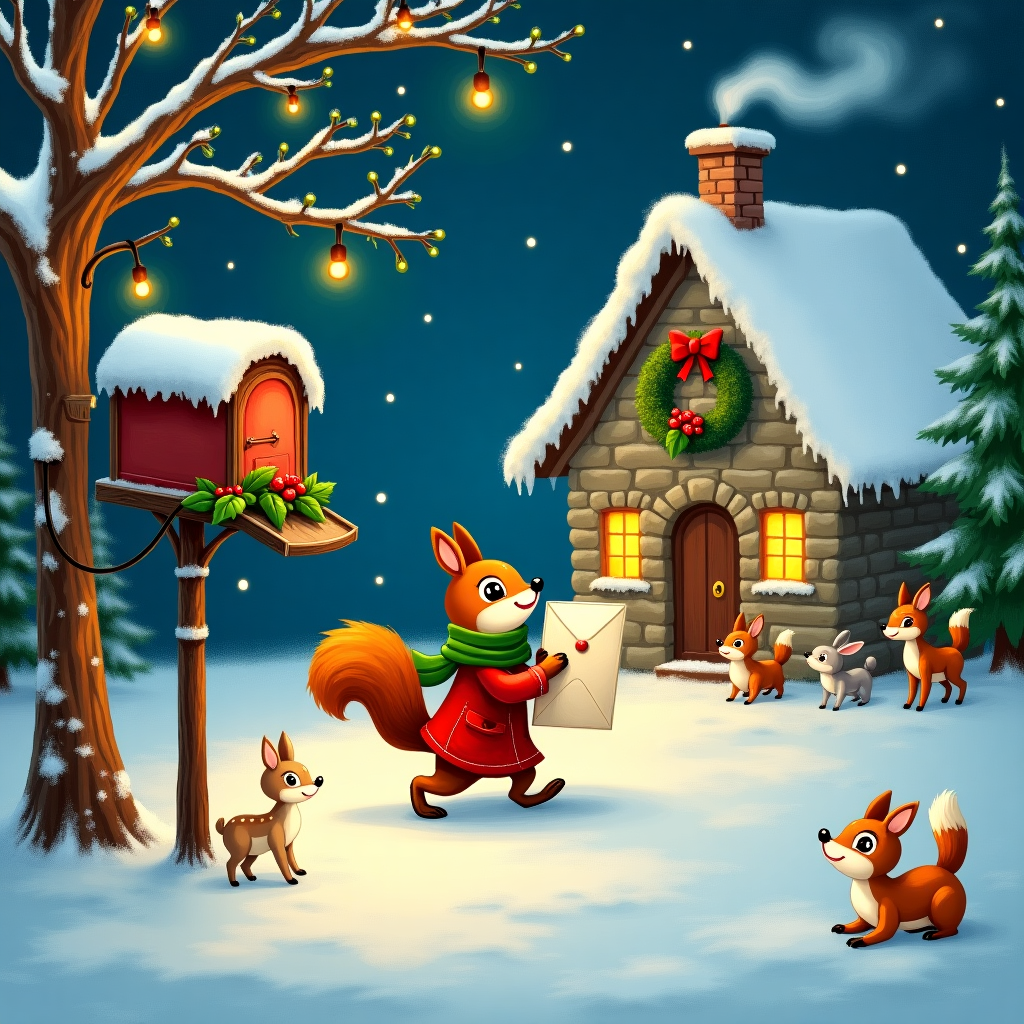 In the foreground of this whimsically festive scene, imagine a merry postal squirrel dressed in a tiny red coat and green scarf, struggling to climb a snow-covered hill while clutching an oversized Christmas letter. The squirrel's eyes are wide with determination as its fluffy tail leaves a gentle sweep in the snow behind it. To the left, an ornate mailbox, topped with a frosted layer of snow, sits whimsically tilted as if overloaded with joy. It is adorned with holly leaves and clusters of red berries, which spill over like nature's decorations. A sprightly string of twinkling fairy lights weaves through the branches of a nearby fir tree, casting a warm glow that dances across the scene.

In the background, a charming snow-dusted cabin exudes warmth and coziness. Soft smoke curls lazily from its stone chimney, suggesting a crackling fireplace within. Icicles dangle delicately from the cabin's roof, catching the glint of the moonlight. A wreath made of evergreen boughs and pinecones hangs proudly on the cabin door, with a scarlet ribbon fluttering in the gentle breeze.

Delicate snowflakes, each uniquely intricate, flutter down from the sky, creating a cascade of frozen lace against the deep blue night sky. Stars twinkle faintly in the distance, echoing the gleam of the lights. A cluster of curious forest animals—deer, rabbits, and a fox—gather near the cabin, their eyes reflecting the gentle glow of the lights as they seem to watch the squirrel's heroic delivery attempt. The entire scene captures a festive and enchanted moment, embodying the spirit of Christmas through an intimate, inviting tableau.
Generated with these themes: The image of the Christmas letter evokes a warm, inviting atmosphere with a snowy backdrop, delicate snowflakes, and festive accents like holly leaves, red berries, and twinkling lights. The elegant script font and rich colors of deep red and forest green give it a personal, heartfelt touch. A cozy illustration of a snow-dusted cabin adds to the warmth, making the letter feel like a welcoming note from a loved one, filled with holiday cheer and joy. It’s the perfect invitation for a festive, intimate celebration..
Made with ❤️ by AI.