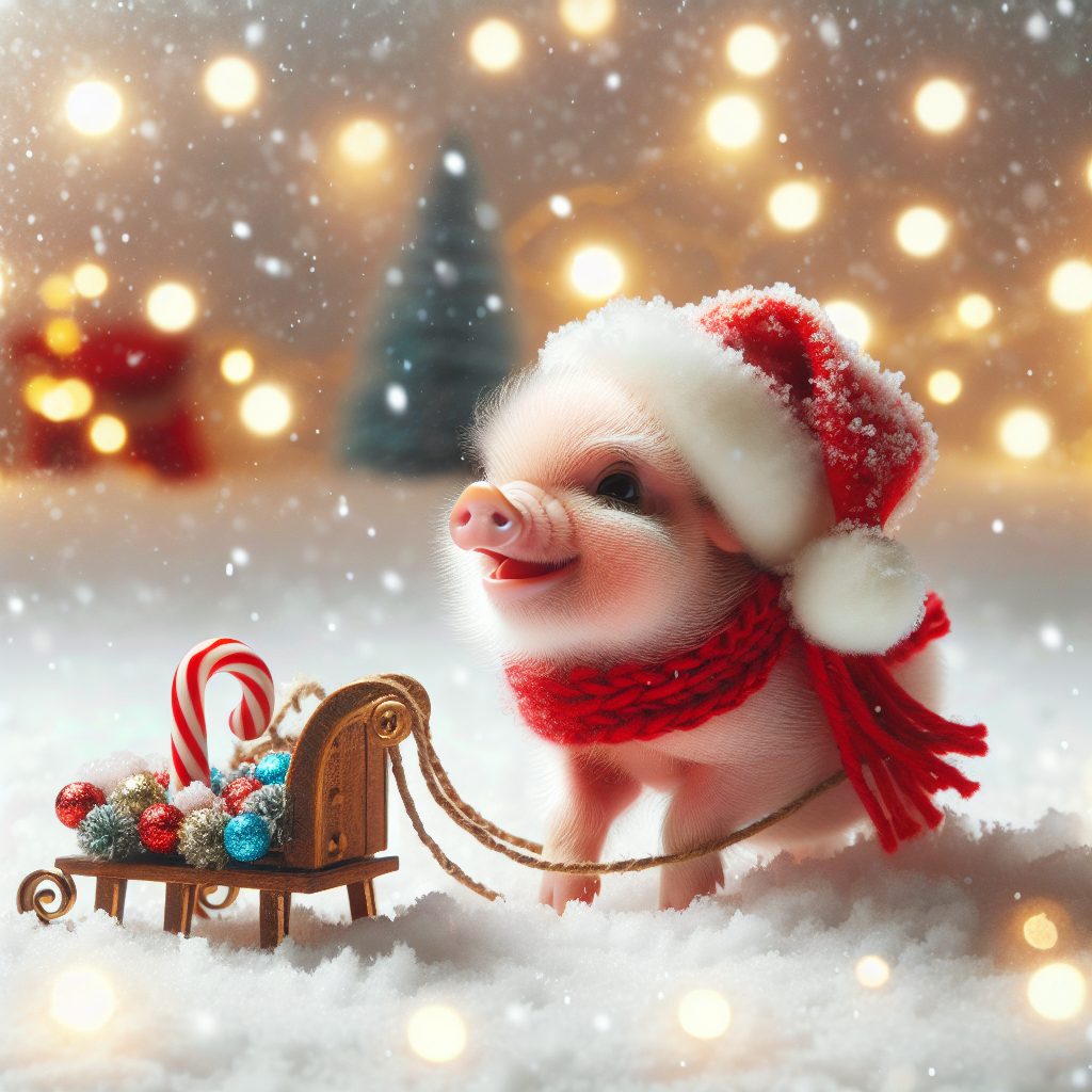 A heartwarming Christmas-themed illustration featuring a playful piglet adorned with a bright red Santa hat, frolicking in the snow. Surrounded by twinkling lights, the piglet is cheerfully pushing a tiny sleigh filled with candy canes.
Generated with these themes: Pig.
Made with ❤️ by AI.