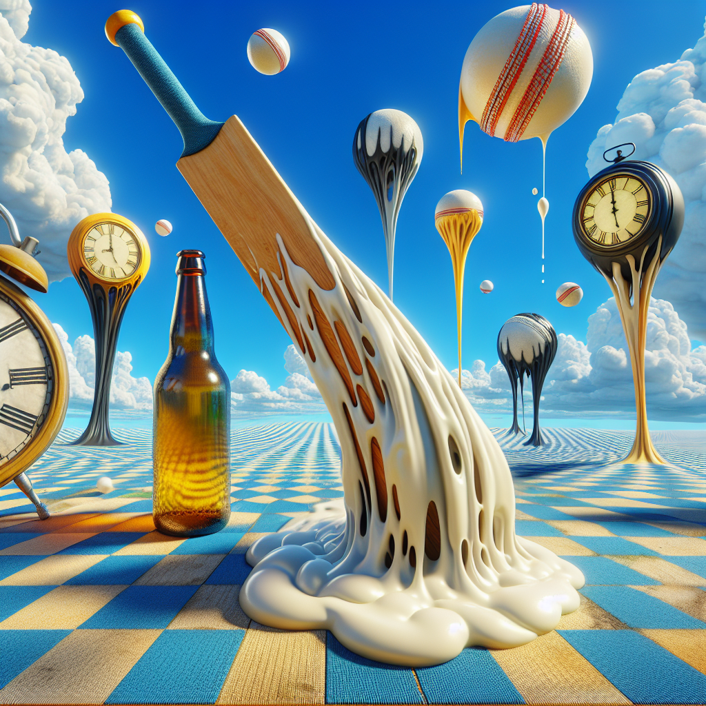 Picture a scene from another world where an enormous cricket bat leans against one of the numerous melting clocks, each signifying the passage of time and leisure. A lone cricket ball, endowed with its own vitality, is seen bouncing across a checkerboard-patterned field that upsets the laws of gravity by arching towards the azure sky. Adjacent to the field, an absurdly contorted yet colossal beer bottle stands as the only semblance of normalcy within this phantasmagorical panorama. Its foamy brew cascades out in leisurely fashion, transforming into fluffy clouds aloft.
Generated with these themes: Man playing cricket, and Beer.
Made with ❤️ by AI.
