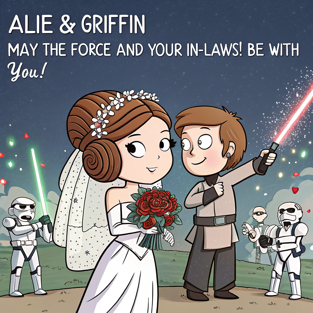 At the top of the image, "Alie & Griffin — May the Force (and your in-laws) Be With You!"  

- In the center of the image, depict a humorous cartoon-style vector illustration of Alie dressed as Princess Leia (with oversized cinnamon bun hair and a wedding veil), and Griffin as Han Solo holding a bouquet in one hand and a lightsaber in the other.

- Behind them, two Stormtroopers throw confetti instead of blaster fire, while a droid ring bearer (think R2-D2 with a bowtie) rolls between them carrying wedding rings.

- Yoda, wearing a little tux, officiates the ceremony from a floating hover-pulpit with a sign that says, “Do or do not, say ‘I do’, there is no try.”

- The background features stars and a Death Star repurposed as a disco ball twinkling overhead.

- Optional bottom text (in classic Star Wars opening crawl font): "Together, your saga begins... in holy matrimony and hyperspace!"
Generated with these themes: Star Wars , , and .
Made with ❤️ by AI.
