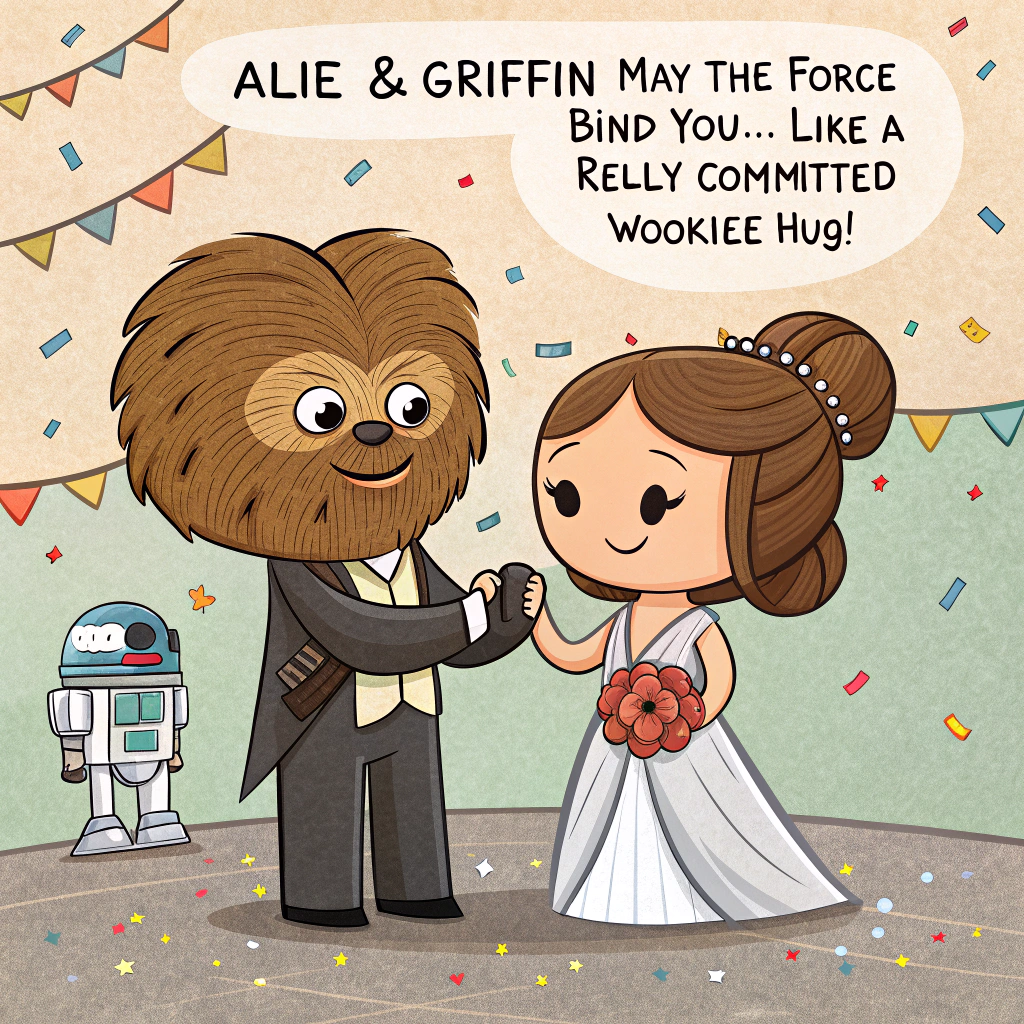 At the top of the image, "Alie & Griffin – May the Force Bind You... Like a Really Committed Wookiee Hug!"

- In the center of the image, depict a cartoon-style scene of Alie dressed as Princess Leia (with oversized cinnamon bun hair) and Griffin as Han Solo—except they're being awkwardly “officiated” by Yoda in a tuxedo.

- R2-D2 is holding the wedding rings on a silver tray, while C-3PO looks nervously overwhelmed in the background tossing space-confetti.

- Behind them, a banner hangs across a distant starfield that says "I Chewse You!" in sparkly galactic lettering.

- Optional funny detail: The Millennium Falcon is parked in the background with a "Just Married" sign on the back, and space cans tied to its thrusters.
Generated with these themes: Star Wars , , and .
Made with ❤️ by AI.