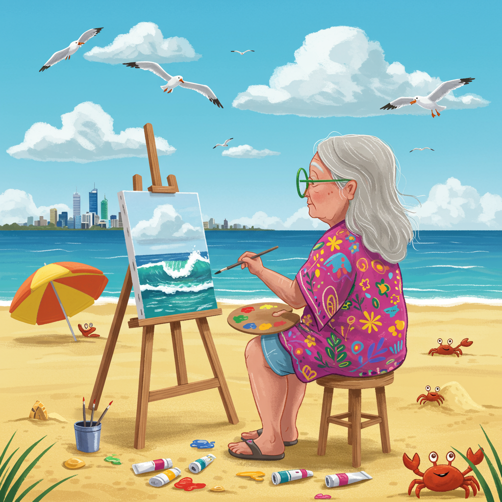 Cally is seated facing the ocean with her artist easel in front of her., Cally is a senior lady wearing large green glasses.  She has shoulder length, thick, grey brown hair., She is wearing a colorful linen tunic and sandals., She is smiling as she is joyful, and The ocean is near Perth Australia Birthday Card