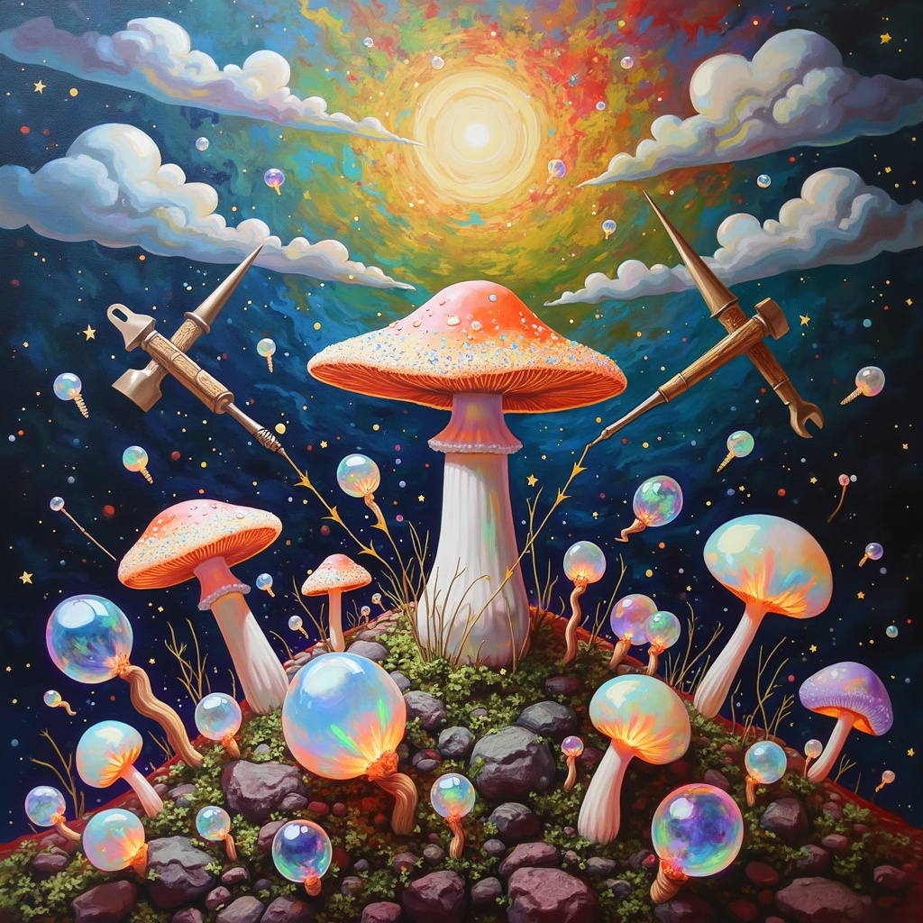In the foreground of the birthday greeting card, a multitude of ethereal opals, varying in size and hue, are suspended in mid-air as if frozen in a moment of magical stillness. Each opal gleams with an internal fire, reflecting shades of blues, purples, and greens, reminiscent of an abstract Kandinsky painting. They appear to be orbiting a central figure: a whimsical, dream-like mushroom (Psilocybin), whose cap is decorated with Mondrian-like geometric patterns in vibrant reds, blues, and yellows.

Adjacent to the mushroom, there's a surreal collection of tools, as if drawn from a de Kooning or Cy Twombly piece, floating in a chaotic dance. Hammers with translucent, crystalline handles and wrenches that twist and turn in impossible directions, their metal gleaming with a Pollock-esque splatter of bright paints. Paintbrushes with bristles that dissolve into swirls of Rothko-inspired deep blues and reds hover alongside delicate screwdrivers that seem to drip with liquid opal, their handles spiraling like Richter’s fluid movements.

In the background, a landscape that defies traditional perception unfolds. There are layers of Rothko-esque color blocks, transitioning from deep indigo at the top to golden yellows and vivid pinks towards the bottom. Among these abstract layers, hints of Malevich's suprematist shapes in stark black and white add a sense of structure. Floating above this landscape are clouds, painted with Miró’s whimsical shapes and lines, each cloud bursting into a multitude of stars made from finely detailed screws and bolts, twinkling as though alive.

Every element on the card is meticulously placed yet seems to be in perpetual motion, a visual dance that captures the eye and holds it in an otherworldly trance. This surreal abstract scene marries the themes of opals, tools, and psilocybin into a cohesive, fantastical story, perfect for celebrating the boundless creativity of a birthday.
Generated with these themes: Opals, Tools, and Psilocybin .
Made with ❤️ by AI.