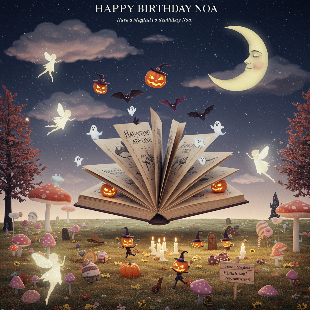 At the top of the Surreal Style image, "HAPPY birthday Noa" is playfully woven into the dreamscape.

### Image Prompt:

In a whimsical, Dali-inspired landscape, a giant, enchanting book titled "Haunting Adeline" levitates in the center, with its pages slowly turning on their own. Each page reveals a vibrant Halloween scene: dancing pumpkins with tiny witch hats, bats gracefully fluttering around glowing candles, and mischievous ghosts peeking from the book’s edges. Surrounding the book, a meadow made of plush, candy-colored mushrooms gently sways. Delicate, luminous fairies with sparkling wings flit around, casting soft, shimmering light. In the sky above, a surreal crescent moon with a friendly, smiling face watches over the celebration, creating an atmosphere of cute and dreamlike wonder. In the meadow, a small sign reads: "Have a Magical Birthday Adventure!"
Generated with these themes: Book: Haunting Adeline , Halloween, Made Meadows, and .
Made with ❤️ by AI.