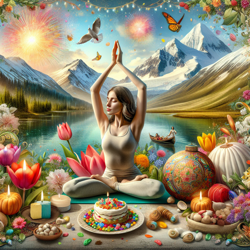 Depict a birthday scene that epitomizes tranquility and festivity. The central image should be of a Caucasian woman doing a peaceful yoga pose, superimposed on a picturesque backdrop that melds the majestic mountains associated with India and the calm waters characteristic of the Canadian ocean. Incorporate the vivid colors synonymous with the Indian festival of Holi and the radiant lights associated with Diwali, demonstrating the lively dynamism of Indian culture. Add touches of the Netherlands with tulips decorating the corners. Integrate elements of nature, including scattered leaves and diverse wildlife. This image should ideally symbolize the harmony among various traditions and the joy of marking another year in one's journey.
Generated with these themes: Yoga, Nature, Mountains, Ocean, India, Netherlands, Canada, Diwali, Holi .
Made with ❤️ by AI.