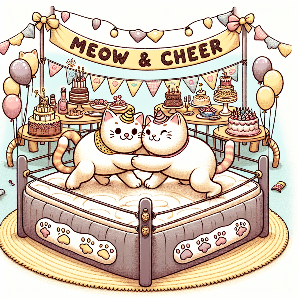 Create a heartwarming birthday celebration illustration. At the center of the festivities, two whimsically drawn cats, dressed in adorable wrestling attire and making funny faces, are playfully wrestling on a soft, cushioned mat. The mat is surrounded by a chain of balloons shaped like cat paws. In the background, there's a table filled with various birthday treats, including a cake that's designed to look like a cat. Above the scene, a cheerful banner that reads 'Meow & Cheer' waves gently, perfectly encapsulating the quirky theme of the celebration.
Generated with these themes: Wrestling cats.
Made with ❤️ by AI.