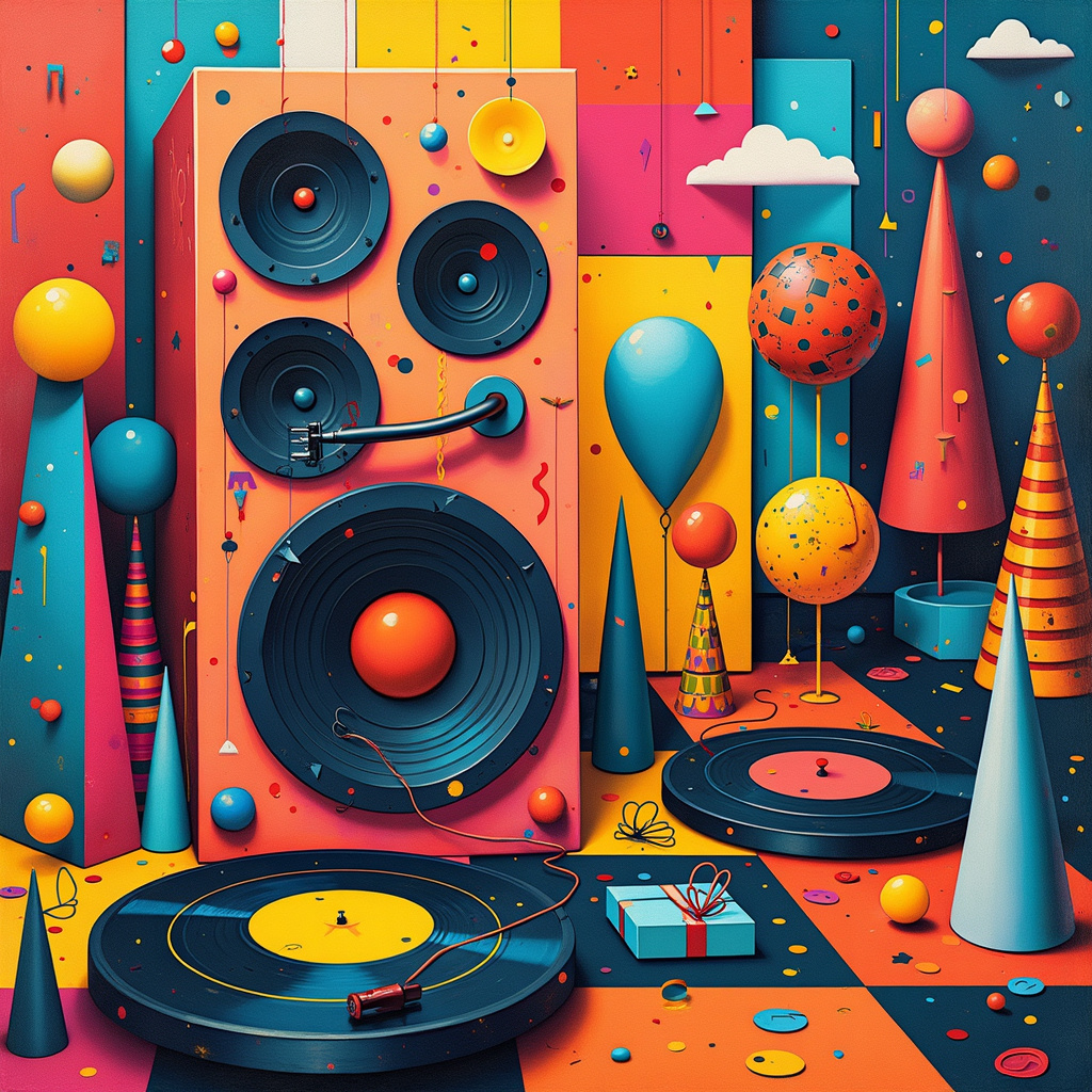 On the cover of this quirky birthday greeting card, the scene explodes with an abstract yet meticulously arranged symphony of vibrant shapes and colors, each contributing to a wild birthday bash. Imagine a bustling, multicolored urban landscape inspired by Mondrian’s geometric precision, with bold, black lines partitioning the canvas into a grid of neon blocks. 

At the center of this grid, a giant, surreal hi-fi system, reminiscent of a Kandinsky painting, commands attention. The hi-fi is a cacophony of swirling circles, concentric orbs, and zigzagging lines in primary colors, connected by sinuous wires that loop and twist like Pollock's drip paintings. The speakers, towering like de Kooning’s abstract figures, are comprised of jagged, overlapping shapes, painted in an array of audacious hues - think hot pinks, electric blues, and luminous yellows.

Spinning records are suspended in mid-air, defying gravity in a nod to Miró's playful, otherworldly compositions. Each vinyl disc is patterned with Rothko-esque blocks of color, stacked in vibrant layers that seem to pulsate with the beat of an invisible tune. Records are also embedded in the scene like floating planets, each one imprinted with abstract doodles, squiggles, and whimsical symbols inspired by Twombly's expressive scribbles.

Around this musical epicenter, Malevich-inspired minimalist shapes - floating triangles, squares, and rectangles - morph into party hats and birthday presents, wrapped in Martin-like delicate lines and subtle hues. These shapes subtly interact with one another, creating an interconnected web of celebrations. Balloons, depicted as floating Richter-esque smears of paint, drift among the shapes, adding an extra layer of festivity.

The entire scene is anchored by a background wash of swirling colors and textures, reminiscent of Richter's abstract masterpieces. This creates a dynamic, ever-changing backdrop, making the entire birthday celebration feel alive and full of endless possibilities. The visual chaos is tied together with playful confetti, sprinkled across the canvas in vibrant, erratic patterns, ensuring every inch of the card is a joyful visual feast.

This abstract, vibrant composition tells the story of a birthday bash where music and celebration collide in a fantastical explosion of color and form, perfect for a one-of-a-kind birthday greeting card.
Generated with these themes: Hi fi, Records, and Loudspeakers.
Made with ❤️ by AI.