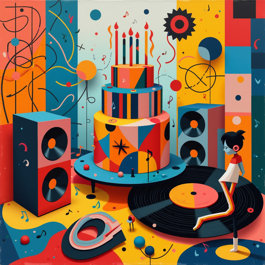 Imagine a vibrant, abstract birthday scene exploding with energy and color, inspired by a playful fusion of Wassily Kandinsky's dynamic compositions and Joan Miró's whimsical forms. At the center of the scene is a giant, geometric birthday cake made up of colorful blocks and shapes, reminiscent of Piet Mondrian's iconic grids. The cake is adorned with oversized, vinyl record "candles," each one a different, vivid color with intricate details of tiny, etched grooves.

Surrounding the cake is a cacophony of abstract elements. There are swirling, ribbon-like lines reminiscent of Jackson Pollock's action paintings, zigzagging across the canvas and intertwining with curvilinear forms that bring to mind Cy Twombly's expressive scribbles. 

To the left, a pair of vintage hi-fi loudspeakers, inspired by Kazimir Malevich's suprematist shapes, stand tall, their boxy forms and angular designs made up of bold, contrasting colors. These speakers blast out streams of colorful sound waves that arc across the scene in wavy, undulating patterns, echoing Mark Rothko's layered rectangles of color. 

To the right, an abstract DJ spins a record on a surreal turntable, his body composed of swirling shapes and fragmented forms that evoke Willem de Kooning's deconstructed figures. The turntable itself is an eclectic mix of circles and squares, painted in a palette of bold primaries and pastels, calling to mind Gerhard Richter's vibrant abstracts. 

Above the scene, Agnes Martin-inspired grids gently overlay the sky, adding a subtle, structural element to the otherwise chaotic composition. Floating around the scene are musical notes and abstract symbols, whimsically drawn in the style of Joan Miró, adding a playful, celebratory touch.

This abstract birthday scene is a riot of color, shapes, and musical elements, each carefully placed to create a harmonious yet dynamic composition, perfect for an eye-catching, fun-filled birthday greeting card.
Generated with these themes: Hi fi, Records, and Loudspeakers.
Made with ❤️ by AI.