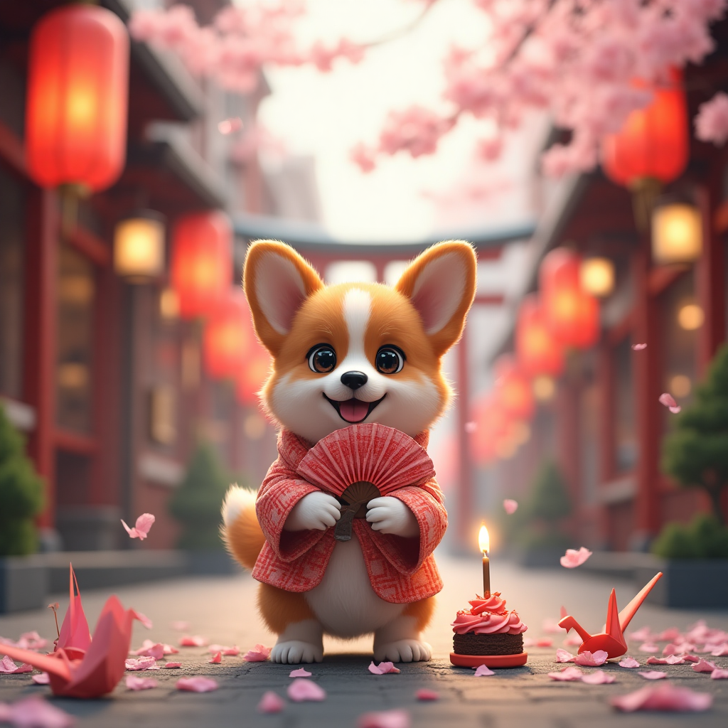 **Image Prompt:**

Capture a whimsical scene set in a bustling Japanese street during the cherry blossom season. In the foreground, a charming corgi is caught in a moment of delightful mischief. This adorable pup is dressed in a tiny kimono, complete with a traditional Japanese folding fan clutched between its paws. The corgi's expressive eyes are wide with excitement as cherry blossom petals gently fall around it. 

In the background, vibrant paper lanterns sway gently in the breeze, and a distant Torii gate is visible under the soft glow of lantern lights. The corgi seems to be mid-celebration, surrounded by miniature paper cranes and a small cake with a lit candle balanced precariously on its nose.

**Text Caption:**

"Have a Paw-some Birthday!"
Generated with these themes: Japan, Corgi , and .
Made with ❤️ by AI.