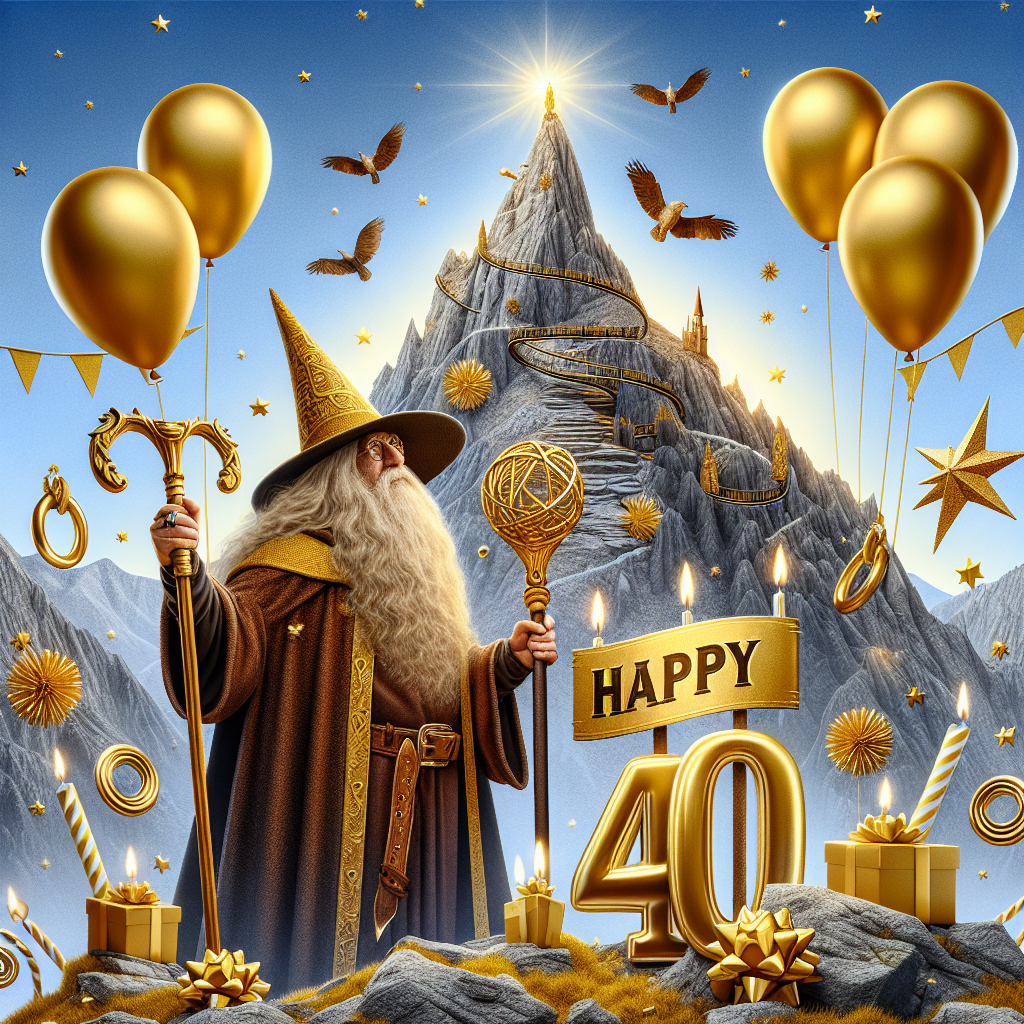 In a captivating birthday artwork, we see a fascinating scene revealing an elderly wizard standing atop a mountain, their magical staff transformed into a mountaineering pole. Their long beard and cloak are influenced by classic literary depictions of wizards. Surrounding them are various festive decorations including golden, ring-shaped balloons and a custom 'Big 4-0' flag planted at the mountain's peak. This fusion of traditional fantasy elements with a rock climbing adventure creates an engaging and playful ambiance for the birthday celebration.
Generated with these themes: 40, Lord of the rings, and Rock climbing .
Made with ❤️ by AI.
