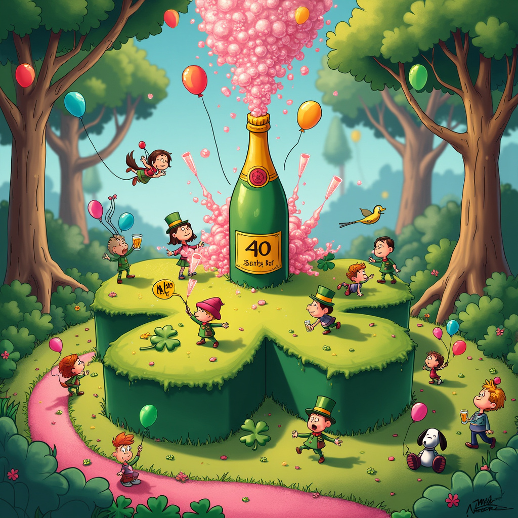 Picture a whimsical, colorful scene in a fantastical park, blending elements from Charles Schulz's simple yet expressive characters and Walt Disney's enchanting environments. The scene is bustling with cheerful, cartoonish characters who exude the joy and chaos of a big celebration. 

In the center, a large, grassy hill resembling a four-leaf clover serves as the main stage. Atop this clover-hill stands a giant birthday cake shaped like a champagne bottle, complete with golden frosting and bubbly details. The bottle's cork has popped off, and instead of champagne, a cascade of pink sparkles and glitter showers down, giving everything a magical glow. 

Floating around the clover-hill are a variety of balloons—some shaped like the number "40," others in vibrant colors and patterns. These balloons are tied to the wrists of joyful characters who look like a mix between Bill Watterson's Calvin and Hobbes and Gary Larson's quirky creations. 

On one side of the hill, a group of cheeky leprechauns, reminiscent of R. Crumb's detailed, playful style, are seen clinking their tiny champagne glasses, each filled with pink sparkles instead of liquid. One particularly mischievous leprechaun is sitting on a shamrock, trying to catch the sparkles with a net.

To the left, a couple of characters styled like Hergé's Tintin are seen flying with balloons tied to their waists, holding birthday signs with the number "40" written in elaborate calligraphy. 

In the background, a vibrant and detailed forest, akin to Winsor McCay's Little Nemo dreamscapes, has trees decorated with strings of pink sparkles and clovers hanging like festive garlands. 

Adding a touch of the surreal, a giant clover leaf serves as a slide, with kids and animals (a mix of Schulz's Snoopy-like dogs and Osamu Tezuka’s Astro Boy robots) gleefully sliding down into a pool of pink, sparkling champagne. 

Every element in the scene—from the character expressions to the tiniest sparkles—should be depicted with the meticulous detail of Art Spiegelman and the humor of Gary Larson, creating a scene that's as heartwarming as it is humorous.
Generated with these themes: Champage, Pink sparkles, 40 birthday, Shamrock, Clover, and Balloons .
Made with ❤️ by AI.