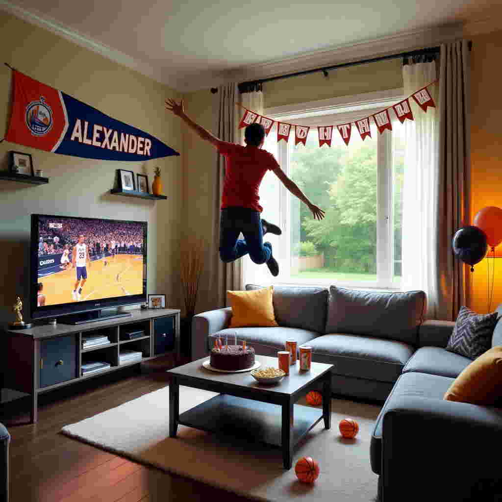 The front cover of the greeting card presents a lively, photorealistic birthday scene set in a cozy, contemporary living room. Centered prominently is Alex, a young adult, caught mid-air in an enthusiastic leap on a plush, gray sectional sofa. His body is frozen in a dynamic pose as he watches an NBA game, vividly displayed on a flat-screen TV mounted on the adjacent wall.

The room's decor subtly highlights that it belongs to Alex. A shelf to the left of the TV holds a small basketball trophy and a few framed photos of Alex in basketball jerseys. Hanging on the wall above the shelf is a pennant flag featuring Alex's favorite NBA team, with their logo and colors — bold blue and fiery red.

In the background, there’s a striking banner hung across the room's back wall, showcasing the name "Alexander" in large, bold letters. The letters are printed in a sporty font, resembling the type used in basketball team branding, with each letter in alternating team colors of navy blue and white. 

A coffee table in front of the sofa is laden with birthday paraphernalia: a half-eaten chocolate cake with basketball-themed decorations, colorful party hats, and scattered orange and black balloons resembling basketballs. A couple of soda cans and a bowl of popcorn add to the casual celebratory vibe.

The living room's walls are painted in a warm, light beige, complementing the dark wooden floor. A large window to the right lets in ample natural light, illuminating the room's details and casting soft shadows. The curtains are pulled back, revealing a glimpse of a lush, green backyard. 

The overall scene is dynamic and vibrant, filled with vivid details that make the moment come alive, perfectly capturing a unique birthday celebration in Alex's space.
Generated with these themes: Alex is jumping on the sofa watching NBA live on TV. The name of Alex should be somehow visible in the photo which tells that the room belongs to Alex.
Made with ❤️ by AI.