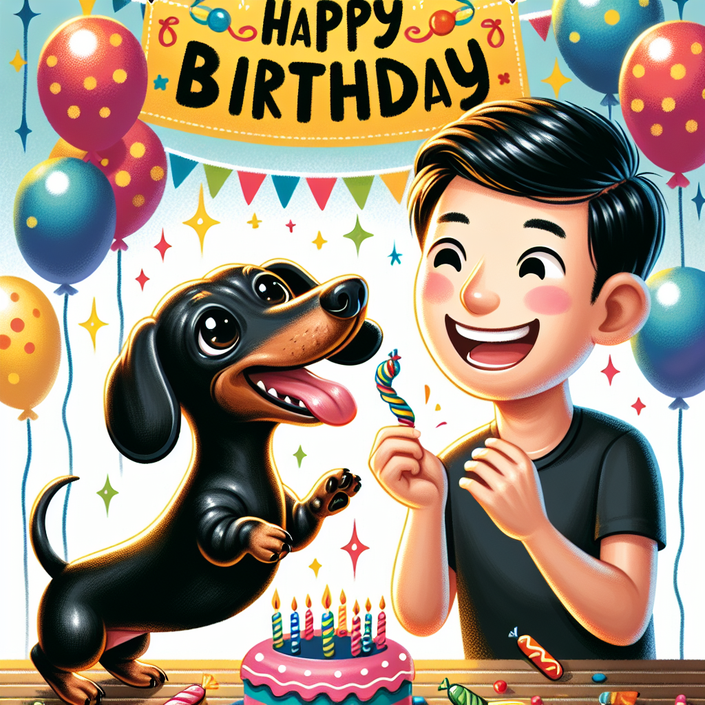 A whimsical birthday illustration featuring a joyful black Dachshund playfully interacting with its Asian male owner amidst a festive backdrop. The setting is decorated with colorful balloons and an eye-catching birthday banner. The illustration vividly captures the dog's wagging tail and sparkling eyes which reflect the happiness and fun during the celebratory games.
Generated with these themes: Our black Dachshund, playing games with me.
Made with ❤️ by AI.