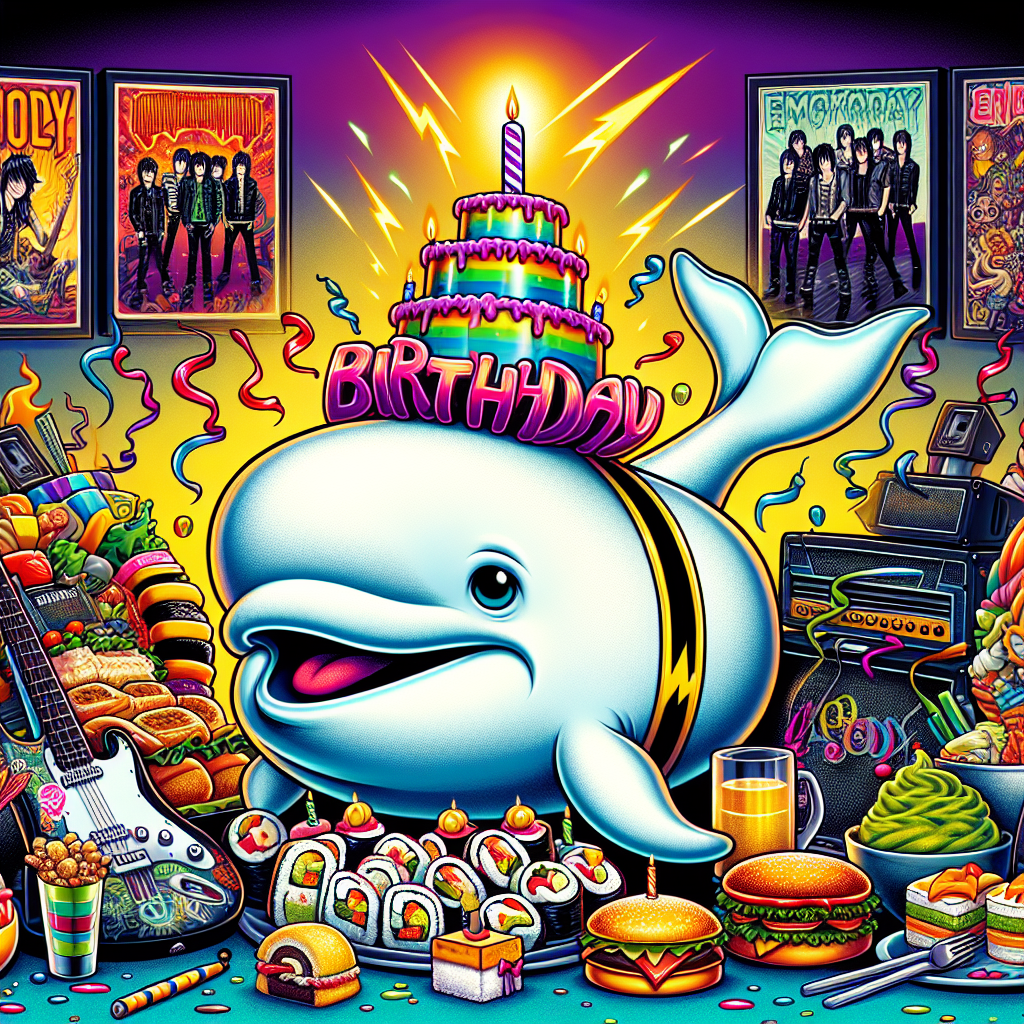 An image displaying a vividly cartoon-styled birthday party scene. At the center, a mischievous beluga whale with a smirky grin, adorned with an extravagant, splashy birthday ribbon as a centerpiece. The beluga floats amidst an extravagant assortment of delicacies, from sushi rolls to towering, drool-worthy burgers. In the immediate foreground is an electric guitar adorned with lightning bolts, indicating an upcoming electrifying music session. The backdrop flaunts stylized posters of music bands, each retaining a vintage feel while hinting at emo subcultures. This combination contributes to forming a multilayered, funky and cool atmosphere.
Generated with these themes: Beluga, Food, Electric guitar, Music, Bands, Emo, and Cool.
Made with ❤️ by AI.
