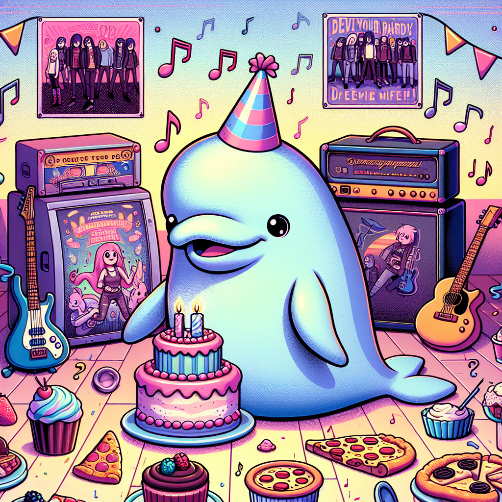 Generate an image of a whimsical cartoon-style birthday scene. The centerpiece is a charismatic, animated beluga wearing a party hat. Surrounding it are vibrant illustrations of assorted foods, including cupcakes, pizzas, and ice-creams, setting up a festive mood. In one corner, there's a quirky electric guitar leaning against an amp. Musical notes flow through the air, indicating the impending live performances. The background has posters of fictional bands, imbued with a subtle emo aesthetic, creating a lively and slightly edgy atmosphere.
Generated with these themes: Beluga, Food, Electric guitar, Music, Bands, Emo, and Cool.
Made with ❤️ by AI.