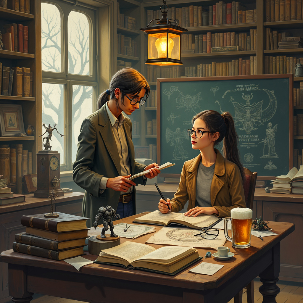 In a richly detailed classroom setting, reminiscent of a blend between Norman Rockwell’s Americana and Arthur Rackham’s enchanting illustrations, a scene unfolds. The classroom, adorned with vintage wooden desks and shelves overflowing with an eclectic mix of ancient tomes and Warhammer figurines, has an air of scholarly magic. 

At the center stands Alex, a thin figure with long hair cascading past his shoulders, tied back in a loose ponytail. He wears round, wire-rimmed glasses that gleam under the warm light of a hanging lantern. His attire is a curious mix of a tweed blazer and a Warhammer t-shirt peeking out from beneath. Alex is intently focused on a meticulously painted Warhammer miniature on his desk, which is surrounded by open books filled with diagrams and lore of the Warhammer universe.

To his right, Erin, his student, mirrors his thin frame and long hair, though hers flows freely. She sports a pair of oversized glasses that lend her a wise, inquisitive appearance. Erin is engrossed in reading a large, ancient-looking book titled "The Lore of Warhammer," her fingers delicately turning the yellowed pages. 

On a nearby desk, there’s an impressive array of Warhammer figurines in various stages of assembly and painting, their intricate details captured with precision. Scattered around are paint pots, brushes, and a magnifying glass, suggesting ongoing creative work. 

On the teacher’s desk, besides the figurines, lies a half-finished pint of beer, the frothy head cascading down the glass. The desk itself is cluttered yet orderly, with stacks of papers, a chalkboard with complex Warhammer strategies sketched out, and a vintage clock ticking away the minutes.

The background is filled with shelves that hold both scholarly texts and boxes of Warhammer sets, creating a harmonious blend of academia and fantasy. Framed posters of Warhammer battles and campaigns hang on the walls, their dramatic scenes captured with a painterly touch.

In a nod to the whimsical, a small, mischievous creature from Maurice Sendak’s or Beatrix Potter’s worlds peeks out from behind a stack of books, adding an element of surprise and charm.

Every element of the scene is meticulously detailed, from the texture of the wooden desks and the leather-bound books to the tiny, painted details on the Warhammer figures. This birthday card illustration is a testament to the unique confluence of teaching, fantasy, and camaraderie between Alex and Erin, set in a world where knowledge and imagination seamlessly blend.
Generated with these themes: Alex, Warhammer, Beer, Teacher, Long hair, Glasses, Thin, Books, and Erin.
Made with ❤️ by AI.