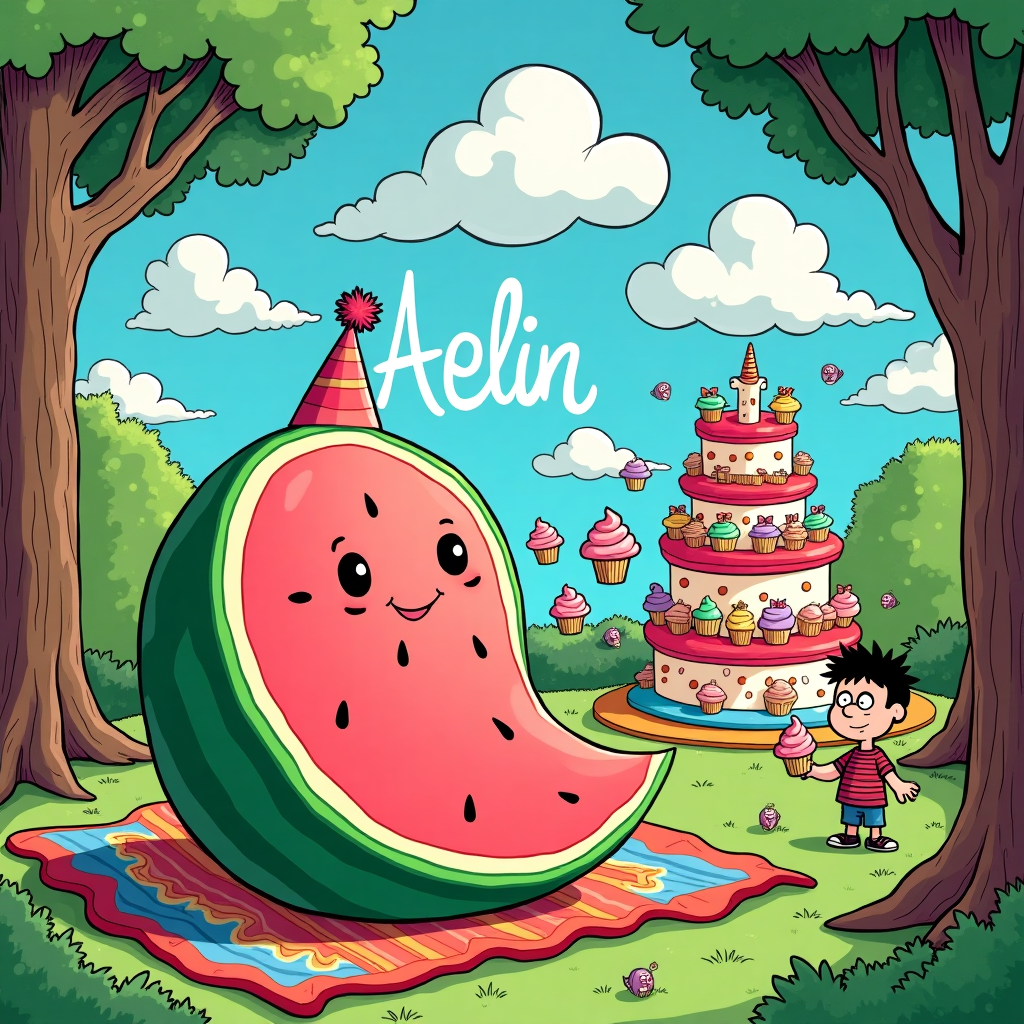 In the center of the card, imagine a joyful cartoon scene bursting with color and whimsy. Picture a playful birthday bash set in a park filled with oversized, vibrant flora inspired by a classic cartoon style. A gigantic, squishy Watermelon Squishmallow takes center stage, with its soft, inviting green rind and bright pink interior, complete with cartoonish black seeds dotting its surface like friendly eyes. It wears a tiny party hat tilted jauntily to one side and sits comfortably on a picnic blanket patterned with bold, geometric shapes in blues and yellows.

Surrounding the Squishmallow, a lively group of exaggerated characters reminiscent of a Peanuts ensemble dance and play. These figures are drawn with charmingly oversized heads and expressive features. One character, with spiky hair and round glasses, juggles a trio of cupcakes with swirling frosting in pastel colors—one pink, one mint, and one lemon yellow.

In the background, a blue sky arches overhead, dotted with fluffy clouds shaped like comical animals—perhaps a giraffe or an elephant. Amongst these, the text "Aelin" appears, spelled out in skywriting, its letters puffed and cloud-like, blending seamlessly with the cartoon clouds.

To the side, a large, tiered birthday cake towers up like a skyscraper from a Bill Watterson illustration, its layers alternately striped and polka-dotted, in shades of red and turquoise. A group of birds, styled like cheeky characters from The Far Side, flutter around the cake, each one wearing a tiny, colorful bow tie.

This vibrant scene is framed by trees reminiscent of Winsor McCay's imaginative landscapes, with swirling bark and leaves that resemble a kaleidoscope of greens and purples, inviting viewers into this delightful, whimsical world.
Generated with these themes: Watermelon Squishmallow, and .
Made with ❤️ by AI.