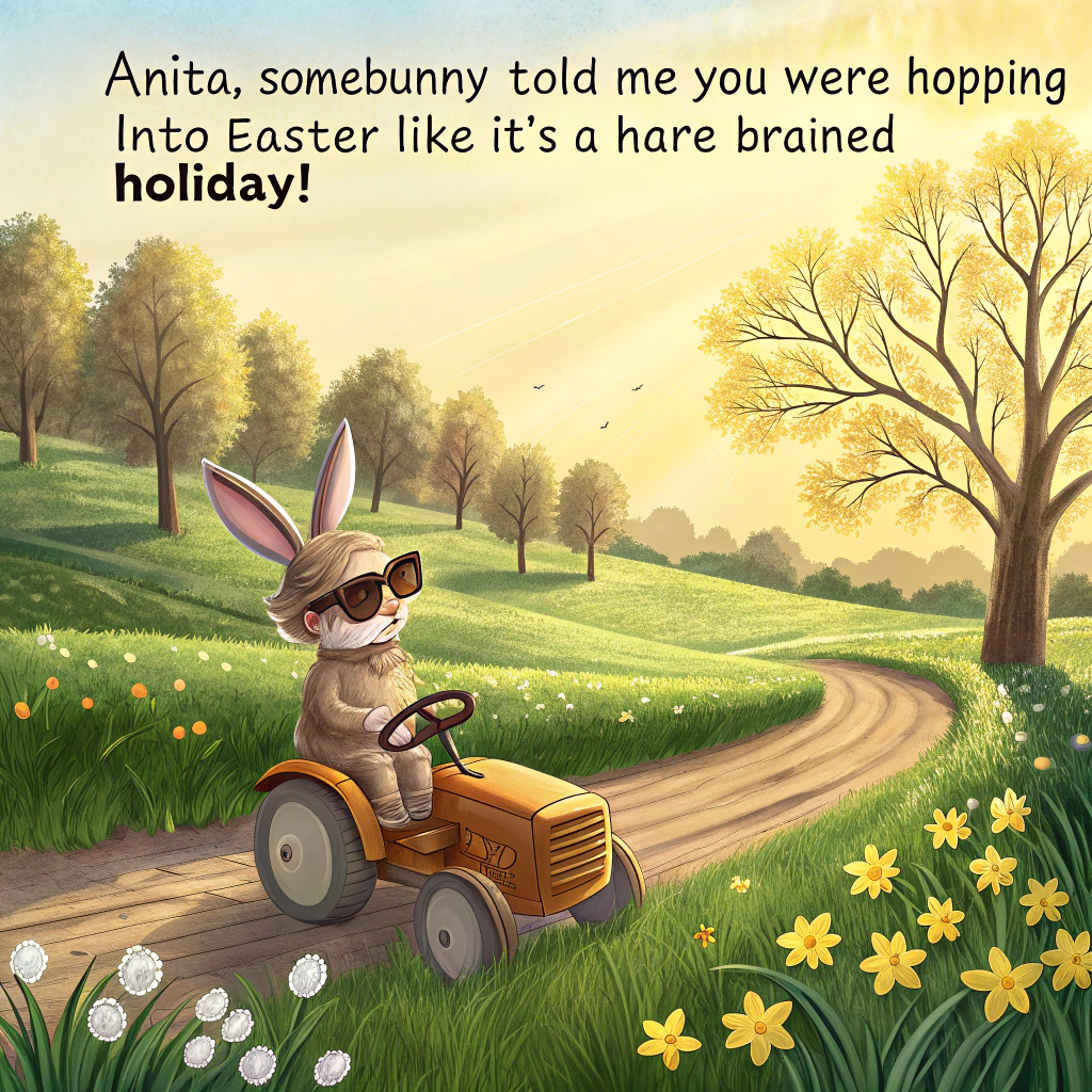 At the top of the realistic photograph image, "Anita, somebunny told me you were hopping into Easter like it's a hare-brained holiday!"

- The image should be a hyper-realistic countryside setting in early spring: lush green meadows with a few daffodils popping up, and soft golden sunlight filtering through sparse trees.

- Front and center, depict a cheeky rabbit sitting upright on a tiny wooden tractor, wearing comically oversized sunglasses and gripping a miniature steering wheel.

- In the background, other rabbits can be seen acting like tourists—one taking selfies with a tulip, another lounging on a picnic blanket surrounded by chocolate eggs and half-eaten carrots.

- A hand-painted wooden sign staked into the grass reads “Eggs-press Delivery Route: Hop This Way →”

- Capture the photo with the richness and crispness of a countryside magazine spread, but add playful and subtle absurdities for humor.
Generated with these themes: Rabbits, and Countryside.
Made with ❤️ by AI.