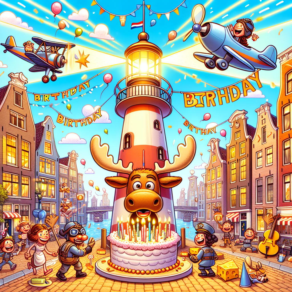 Create a vivid illustration of a humorous cartoon birthday scenario set in the streets of Amsterdam. Envision whimsical houses and a backdrop of canalways, radiating a Dutch ambience. Place a quirky lighthouse in the center, doubling as a birthday cake, its vibrant beams of light beaming festively over the scene. Introduce playful moose characters wearing pilot goggles, flying cartoon airplanes overhead, trailing banners of birthday joy. Picture lively interactions on the streets with caricatured party-goers, of varying genders and descents, engaging in fun activities like juggling wheels of cheese to add a local Dutch flair to the celebration.
Generated with these themes: Amsterdam , Lighthouse , Cheese, Airplane , and Moose.
Made with ❤️ by AI.