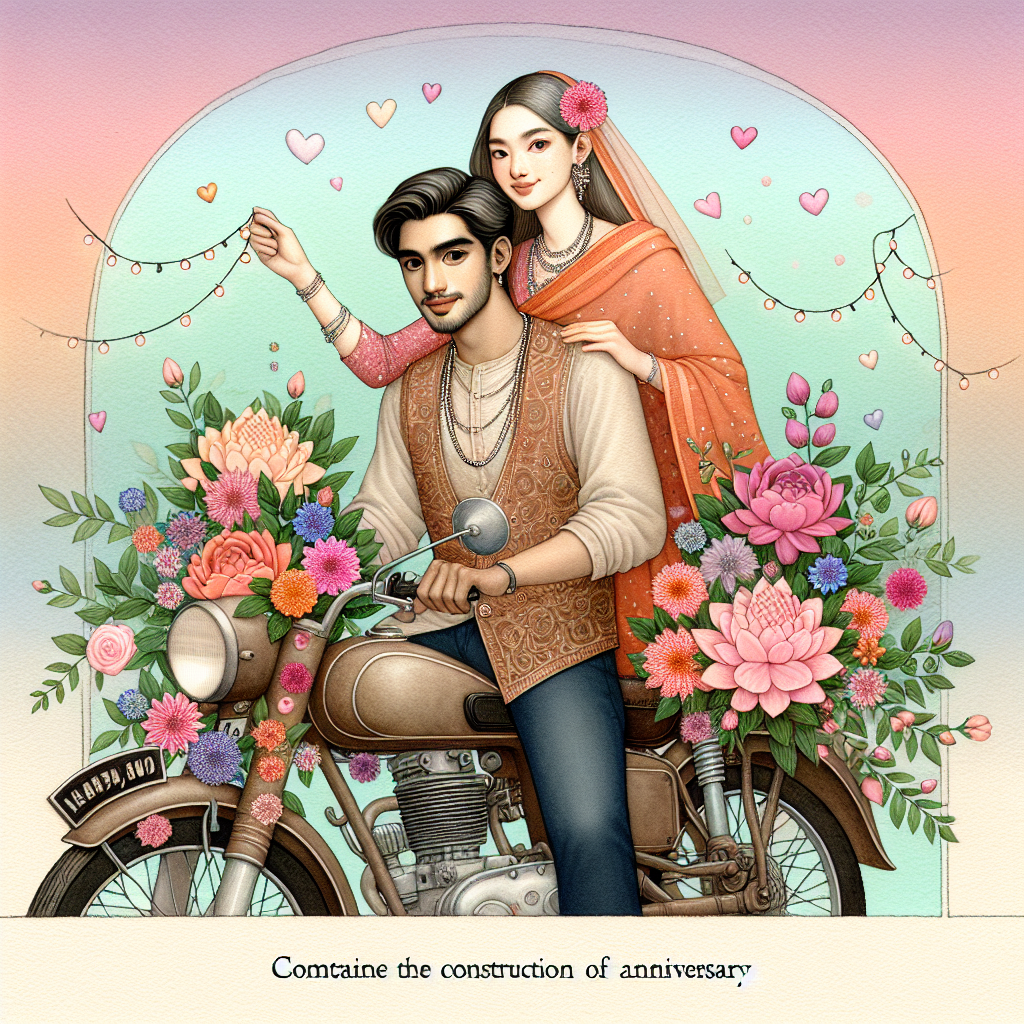 Commence the construction of a delightful illustration, celebrating an anniversary with a playful element. At the core of the image, a South Asian man and a Hispanic woman are affectionately seated on an antiquated motorbike, which is festooned with multicoloured blossoms and strands of dainty fairy lights, representing the journey they have journeyed together. The backdrop gently fades into soft pastel shades, emphasizing the duo and their mode of transport, while petite hearts effervesce around them, contributing to the festive atmosphere.
Generated with these themes: Motorbikes.
Made with ❤️ by AI.