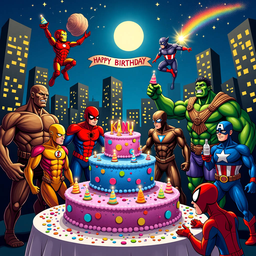 In a fantastical cartoon birthday scene inspired by a blend of iconic comic and cartoon styles, we find a colorful and bustling superhero birthday celebration for Kanu. At the center, there's a large cake designed to resemble a galaxy with swirling cosmic icing, topped with a "Happy Birthday Kanu!" banner made to look like shimmering star constellations. Each superhero is creatively contributing to the festivities: Iron Man is in mid-air, using his repulsors to light up fireworks, their trails forming the letters "KANU" in the sky. Thor stands proudly with his hammer raised high, from which emanates a rainbow-colored bridge arching over the scene like a party streamer. Flash is darting around the scene so fast that he's creating a gentle whirlwind, causing confetti and balloons to swirl around in a vibrant tornado of color.

Hulk, with his colossal hands, holds a large piñata shaped like a tiny planet, waiting for Kanu to take a swing, while nearby, Spider-Man is perched upside down from a web, hanging a “Happy Birthday” banner between two skyscraper-like pillars of cake. Deadpool, in his typical mischievous fashion, is busy juggling cupcakes with Kanu’s name written on each one in bright frosting, while Black Panther skillfully carves out a statue of Kanu from a block of vibranium-shaped chocolate, an intricate tribute to the birthday hero.

Captain America is tossing his shield, which ricochets perfectly to pop open soda bottles for guests, and Wolverine uses his adamantium claws to skillfully slice the cake, each slice adorned with edible sugar webs. Not to be outdone, Thanos, with a cheeky grin, snaps his fingers not to erase but to decorate, instantly filling the air with colorful streamers and party hats for everyone. The backdrop features skyscrapers with Kanu’s name illuminated across their windows in the style of a New York cityscape at night, where the moon shines down, completing this whimsical superhero bash.
Generated with these themes: Iron man, thor, flash, hulk, spiderman, deadpool, black panther, captain american, woolverine, thanos wishing Kanu happy birthday, Happy birthday kanu banner, and Happy birthday kanu cake.
Made with ❤️ by AI.